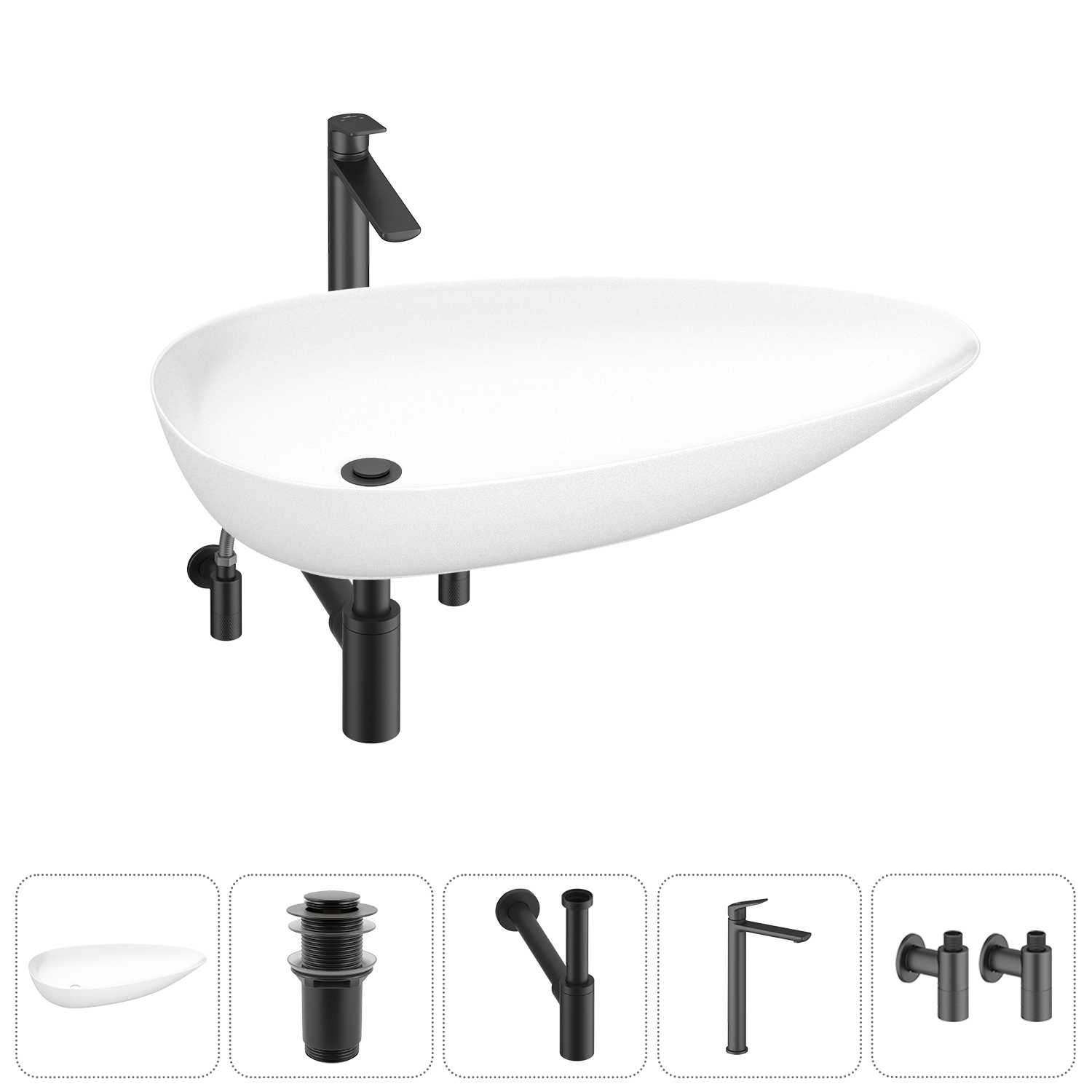 Изображение товара Раковина Wellsee Faze Moment 76 см 5 в 1 с сифоном смесителем и вентилями