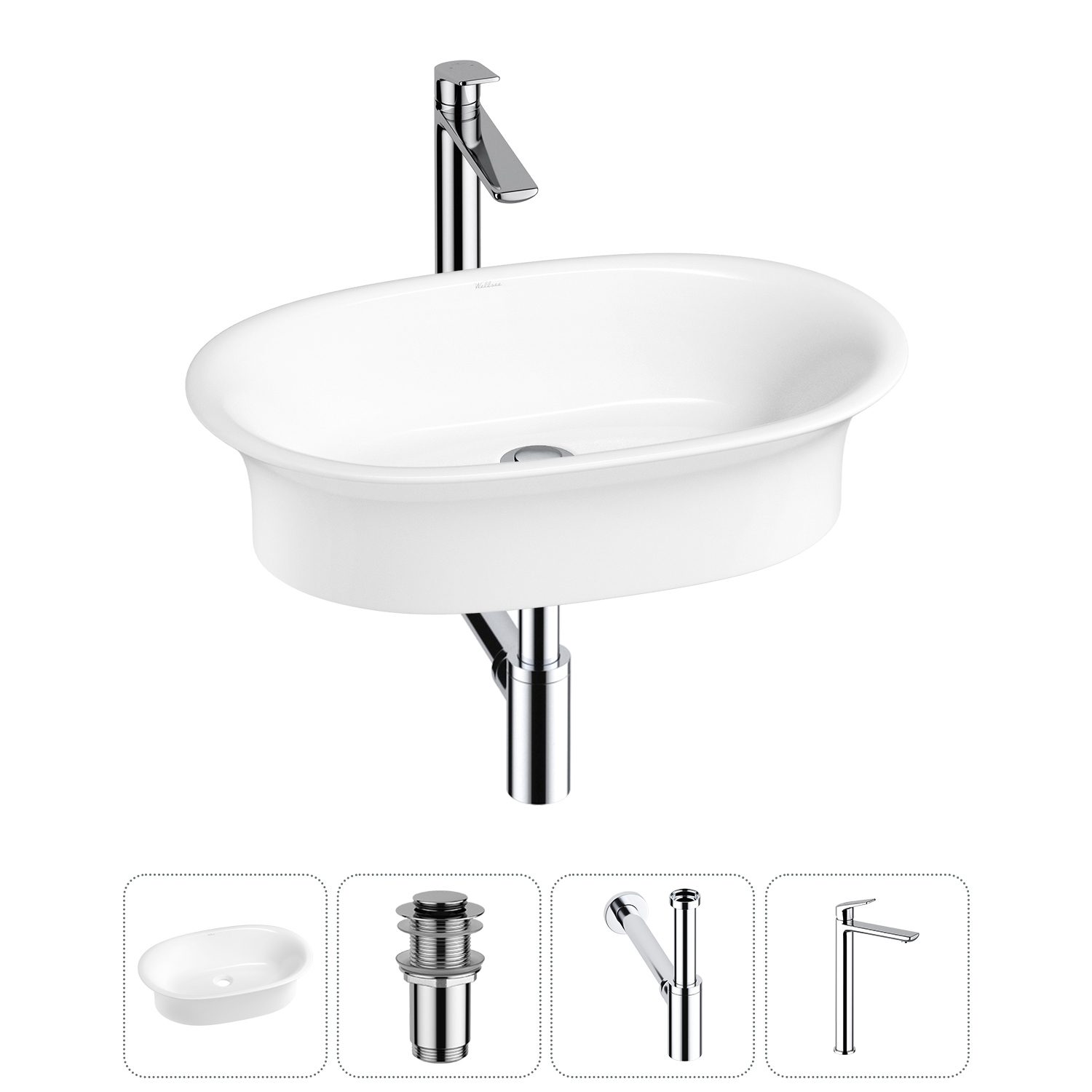 Изображение товара Раковина Wellsee Faze Moment 60см 4 в 1 c сифоном и смесителем белая