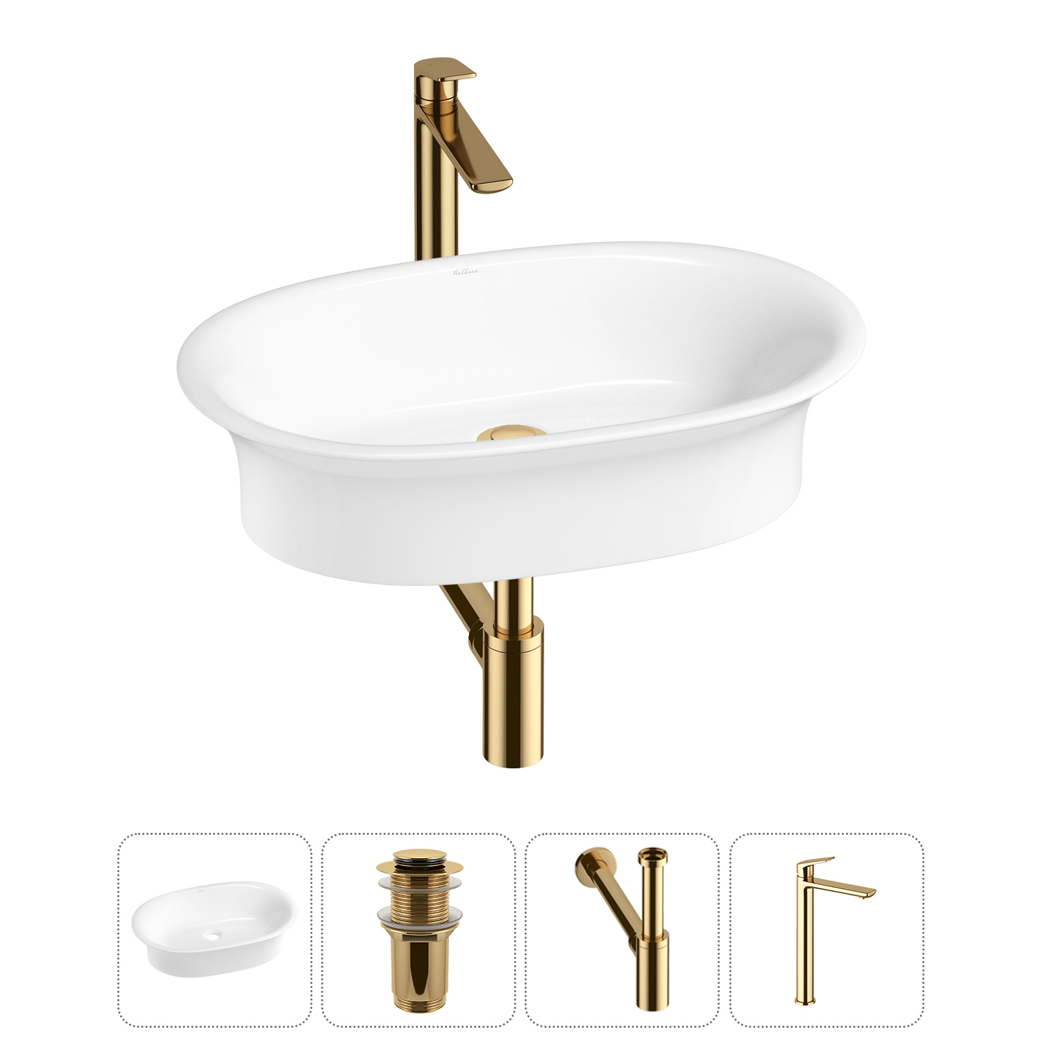 Изображение товара Раковина Wellsee Faze Moment 20213588R 60 см комплект с сифоном и смесителем цвета золото