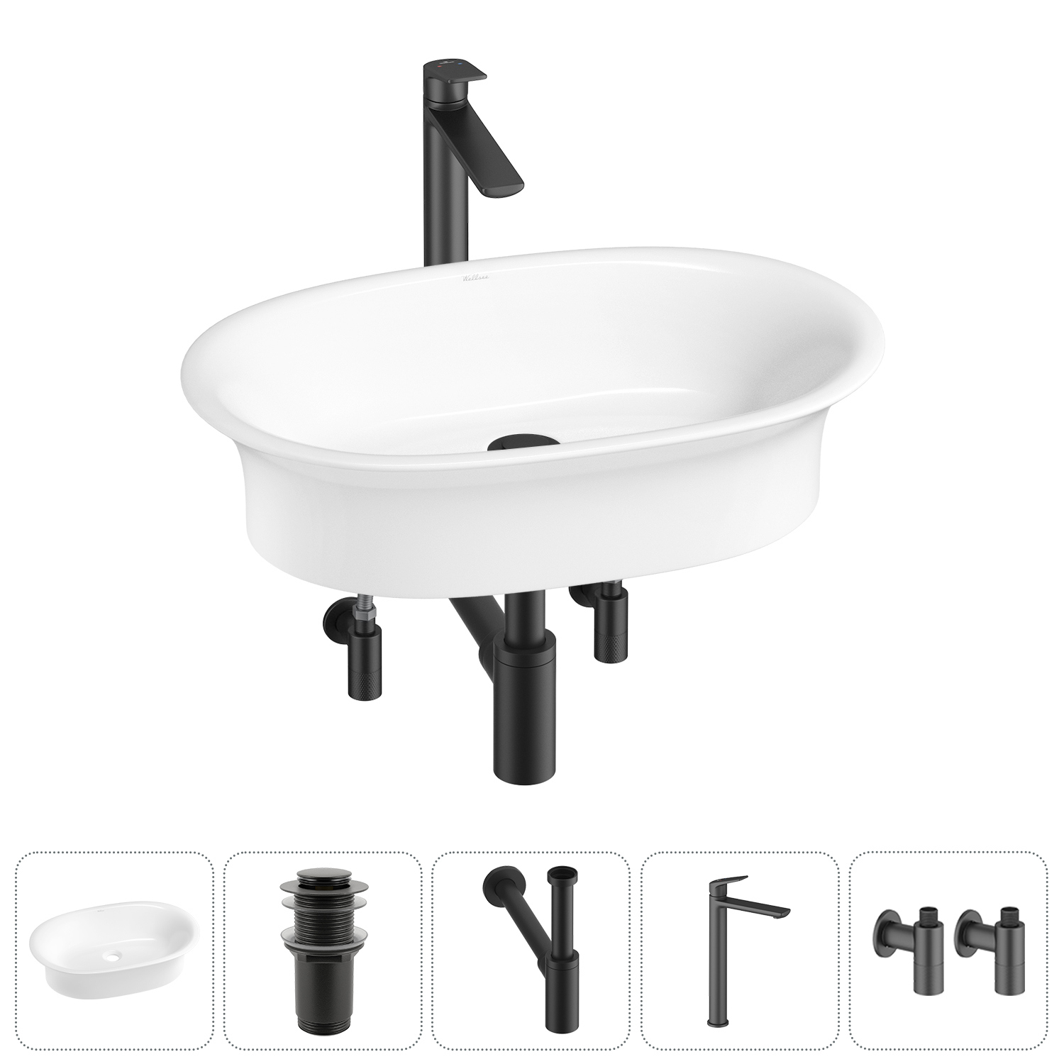 Изображение товара Раковина Wellsee faze moment 20213591R 60см цвет раковина 5 в 1: д/к, сифон, смеситель, вентили