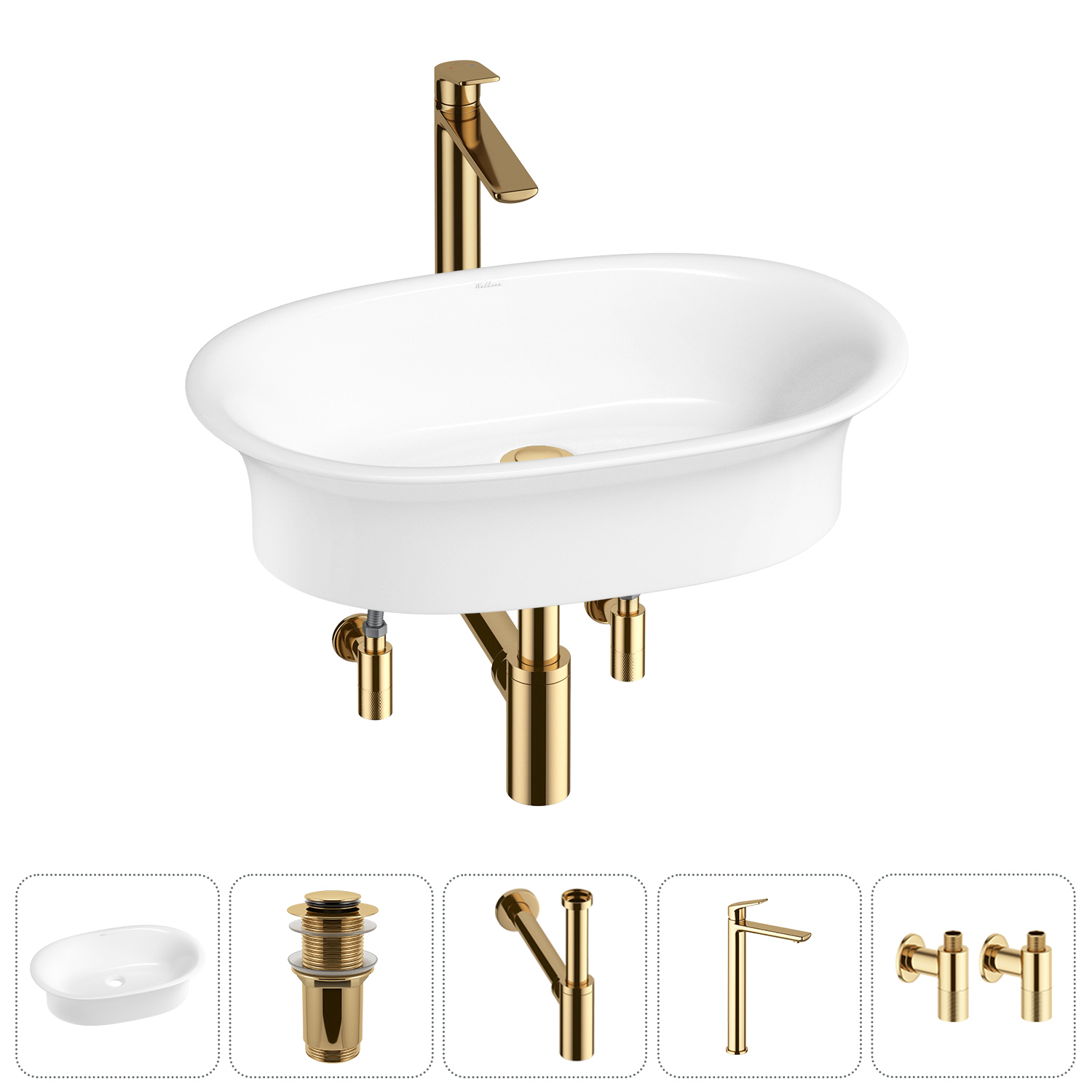 Изображение товара Раковина Wellsee Faze Moment 60 см комплект 5 в 1 с сифоном смесителем и вентилями
