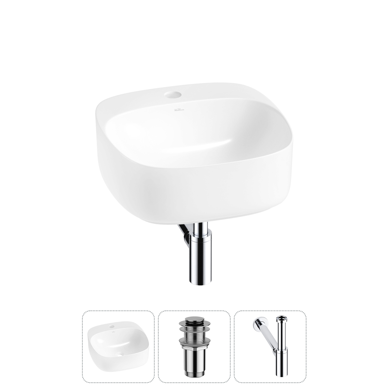 Изображение товара Раковина Wellsee ideal 20214083R 42см квадранная с сифоном и клапаном