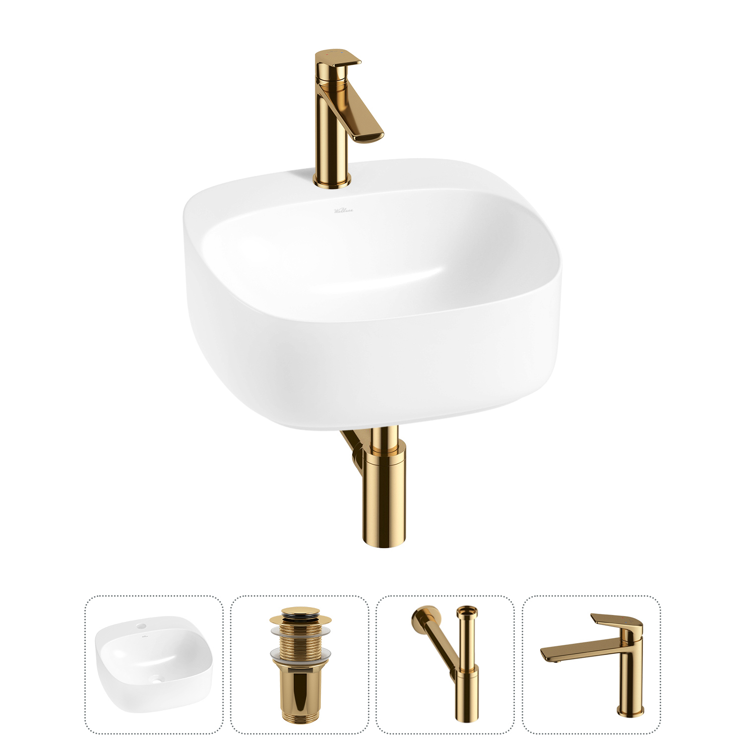 Изображение товара Раковина Wellsee ideal 42 см 4 в 1 с сифоном смесителем и донным клапаном