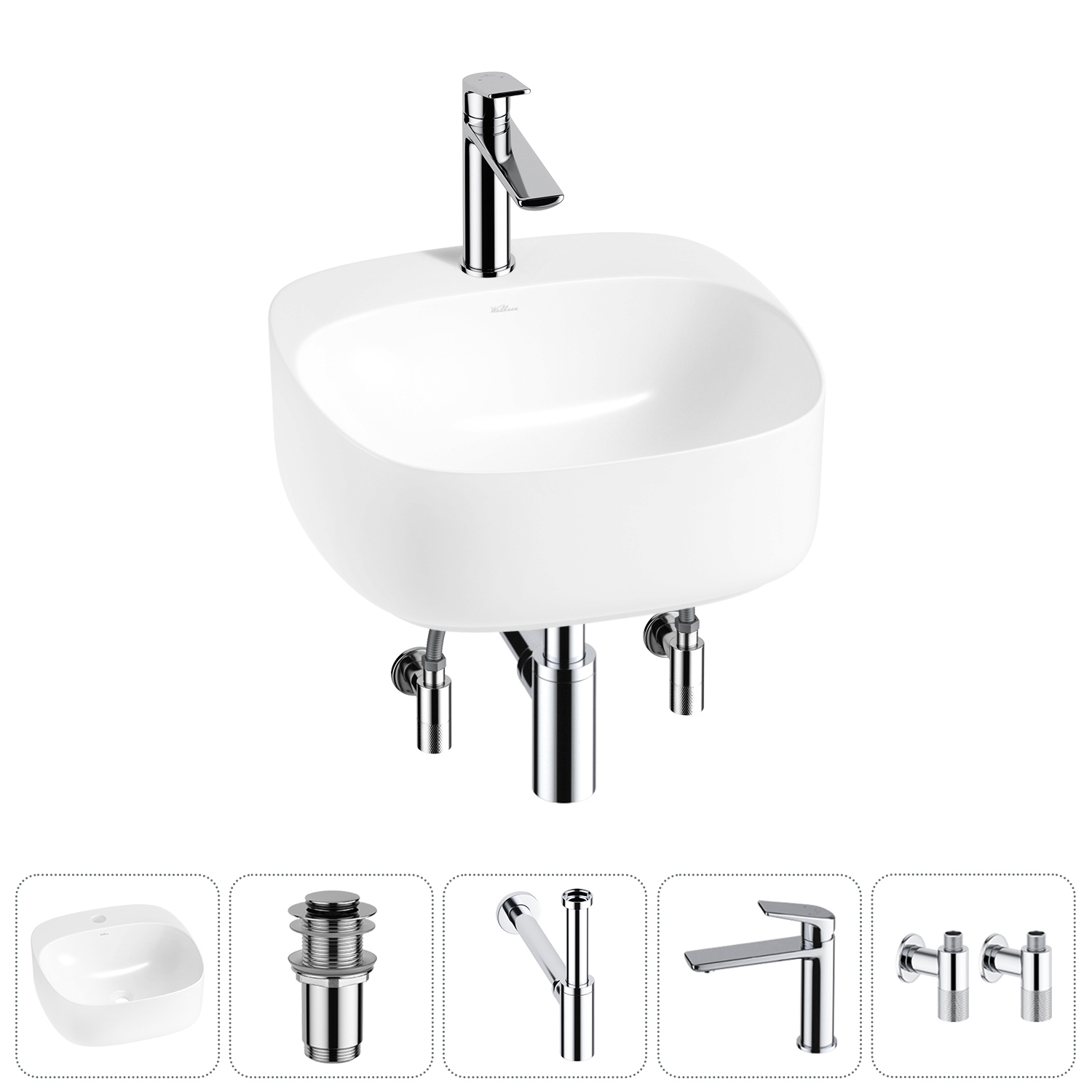 Изображение товара Раковина Wellsee ideal 42 см 5 в 1 комплект с сифон смесителем и вентилями