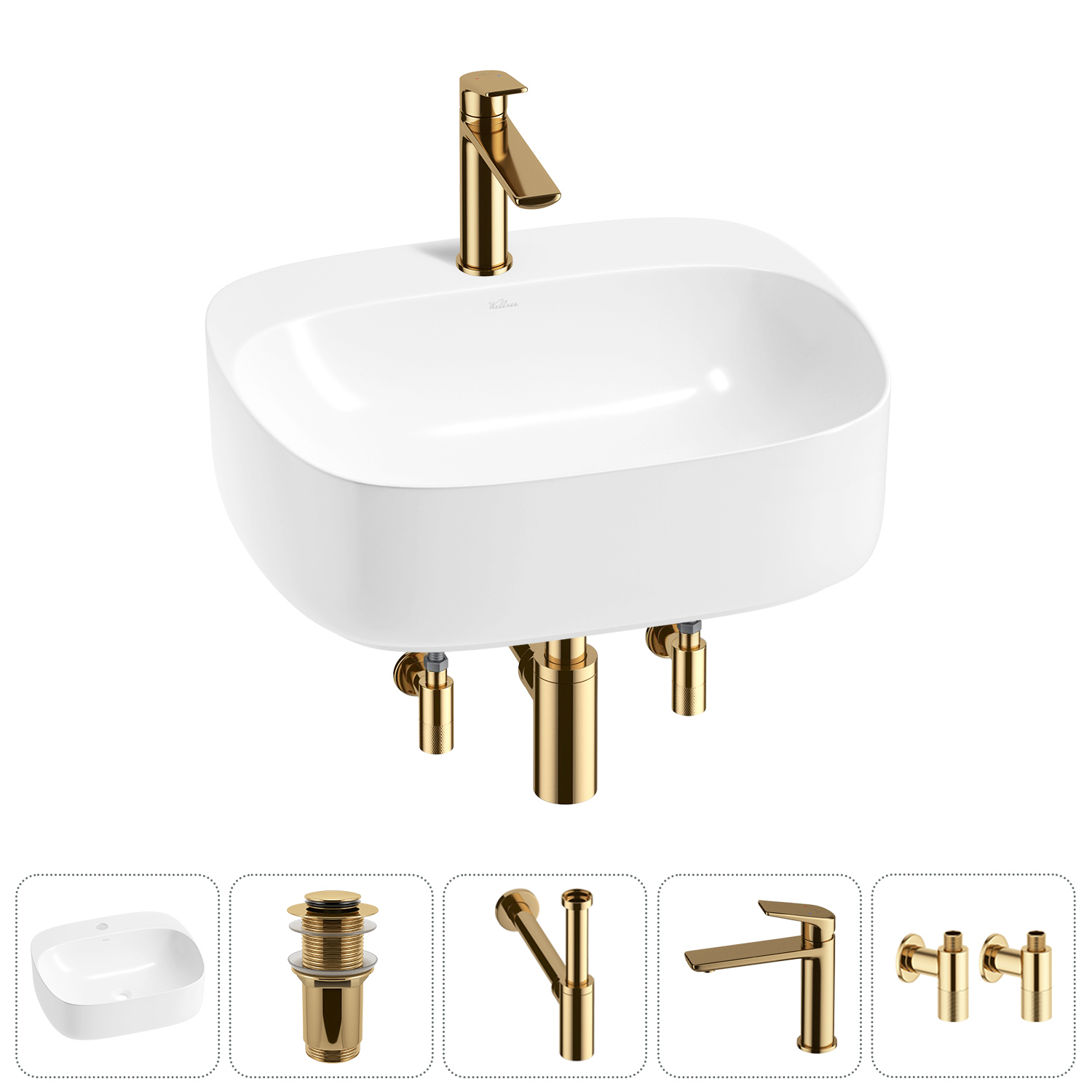 Изображение товара Раковина Wellsee ideal 50 см 5 в 1 комплект с сифоном смесителем и вентилями