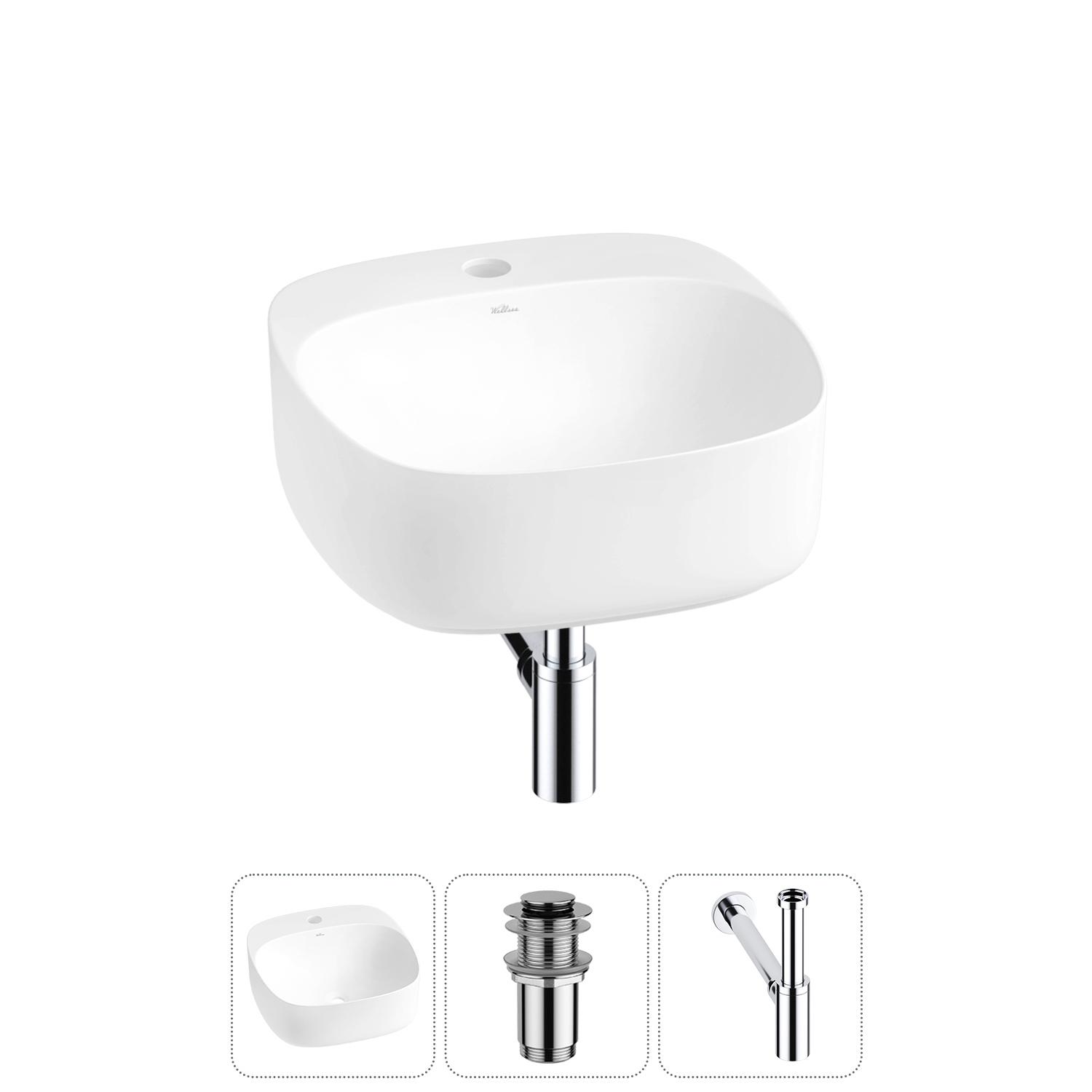 Изображение товара Раковина Wellsee ideal 20214115R 42 см квадратная керамическая с сифоном и донным клапаном