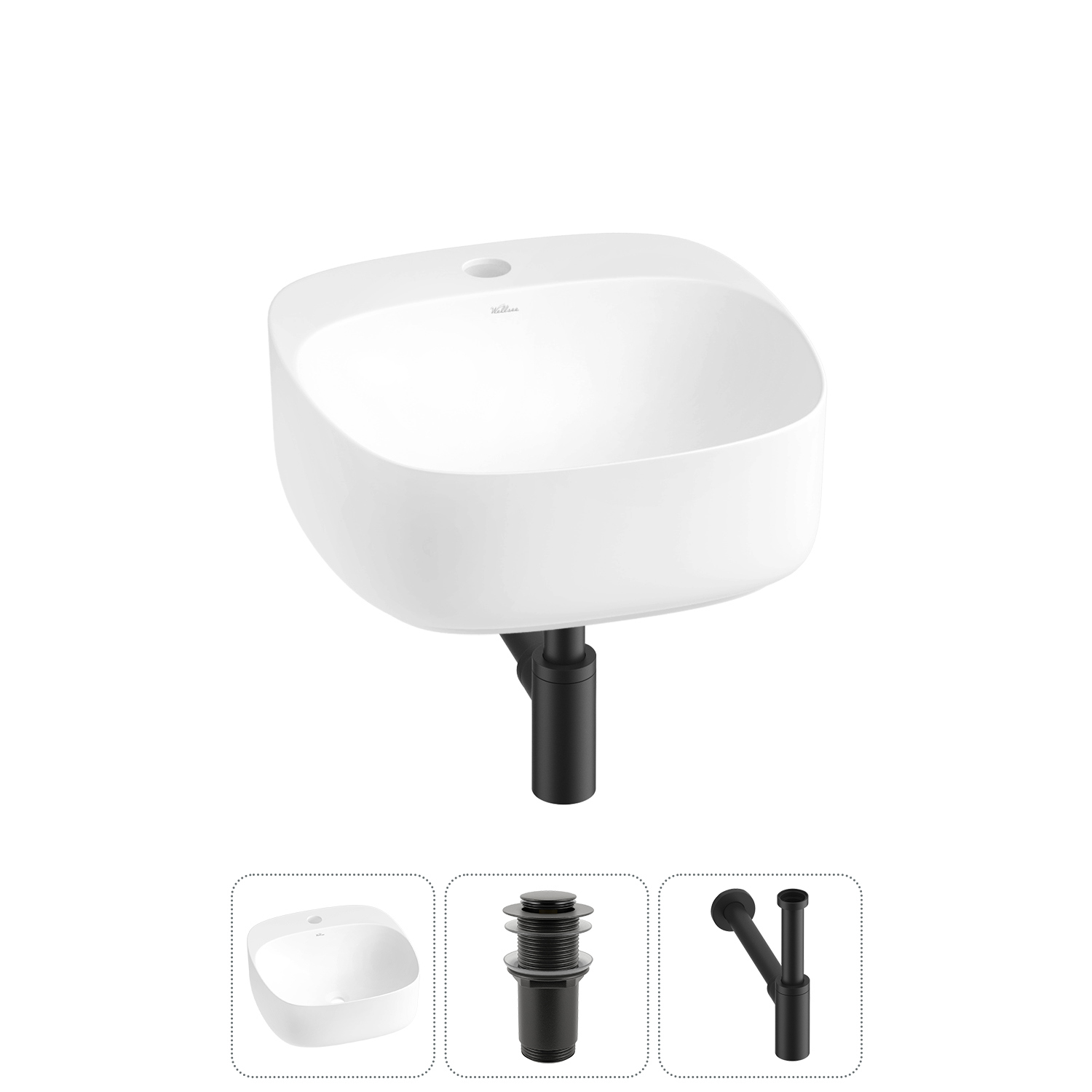 Изображение товара Раковина Wellsee ideal 20214116R 42 см квадратная с сифоном и клапаном