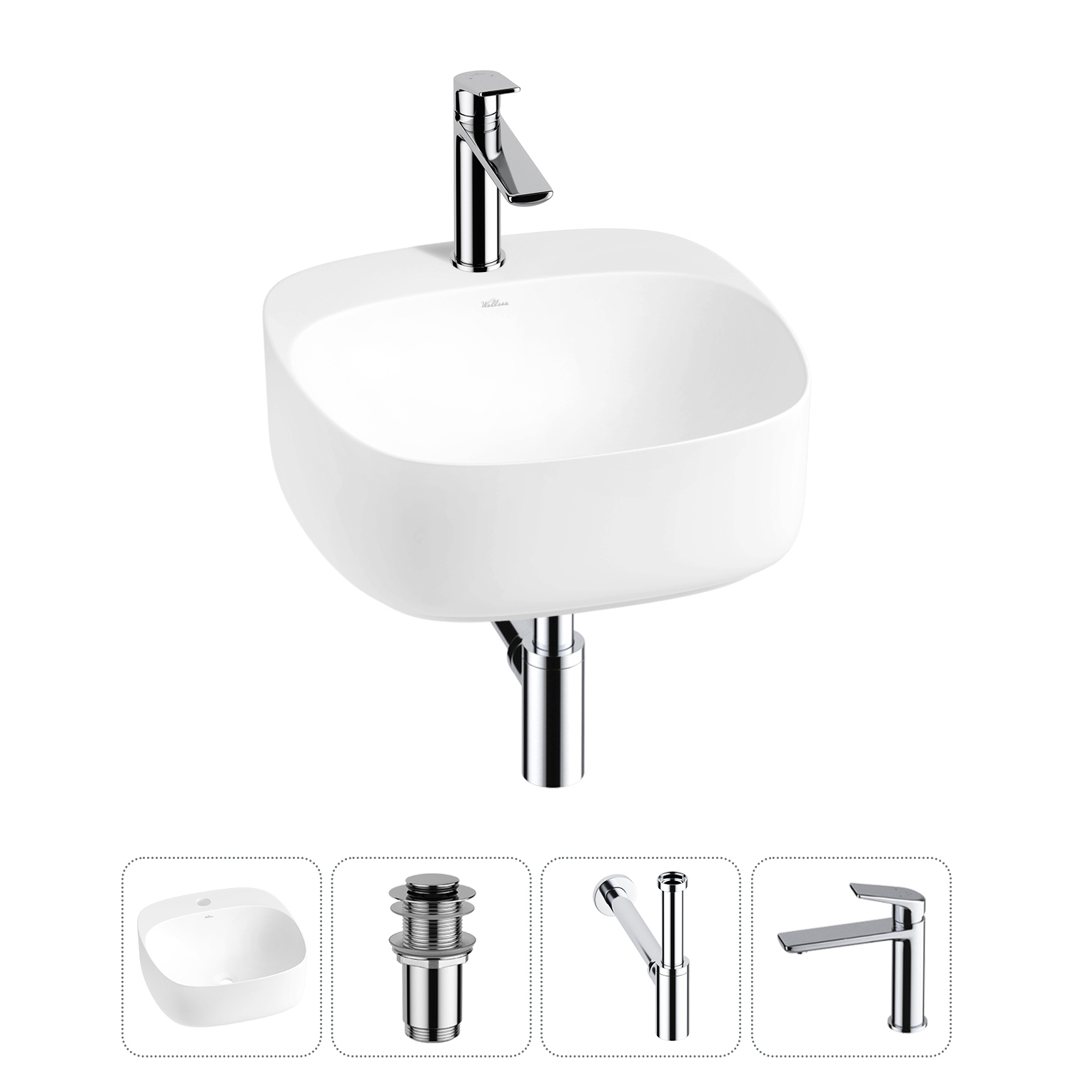 Изображение товара Раковина Wellsee ideal 42см 4 в 1 с сифоном и смесителем белая