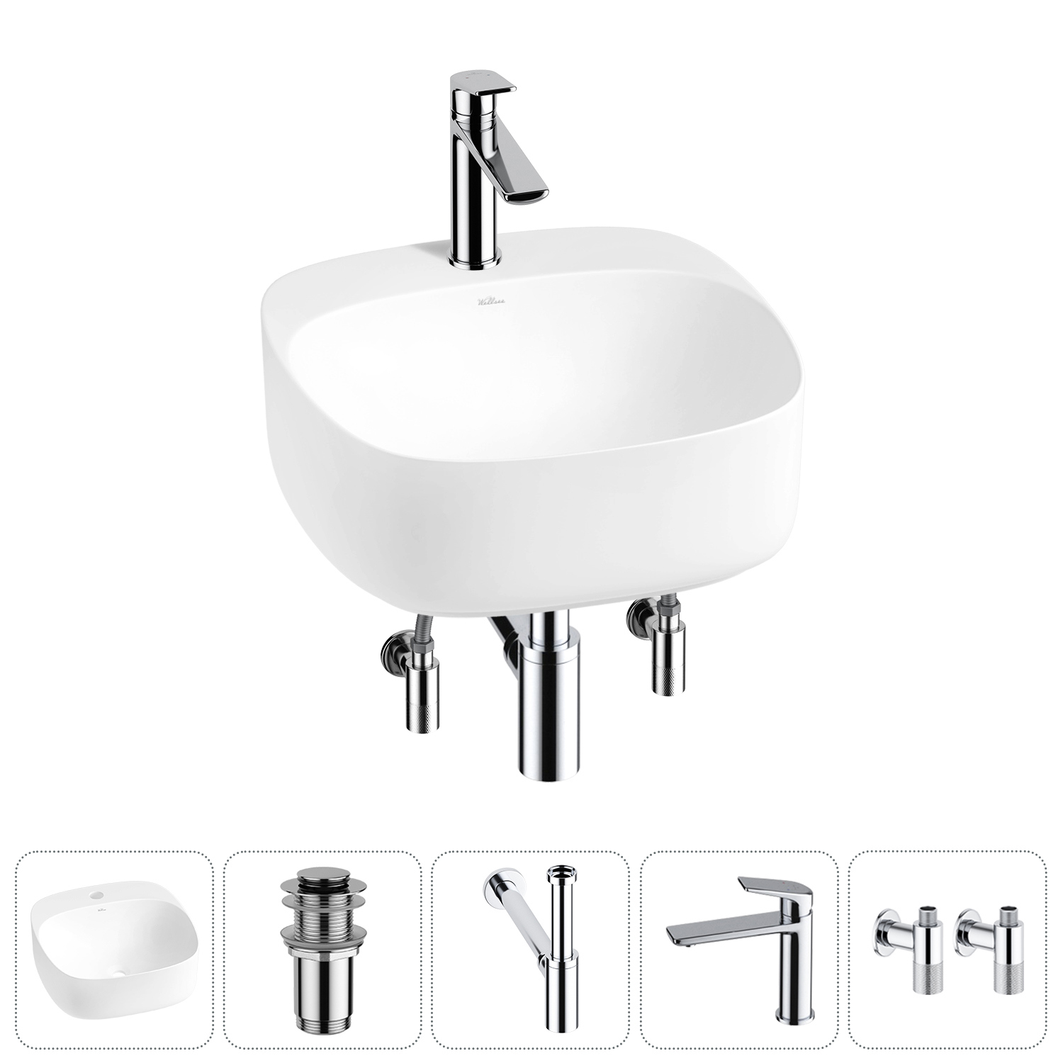 Изображение товара Раковина Wellsee ideal 20214123R 42 см 5 в 1 комплект с сифоном смесителем и вентиляторами