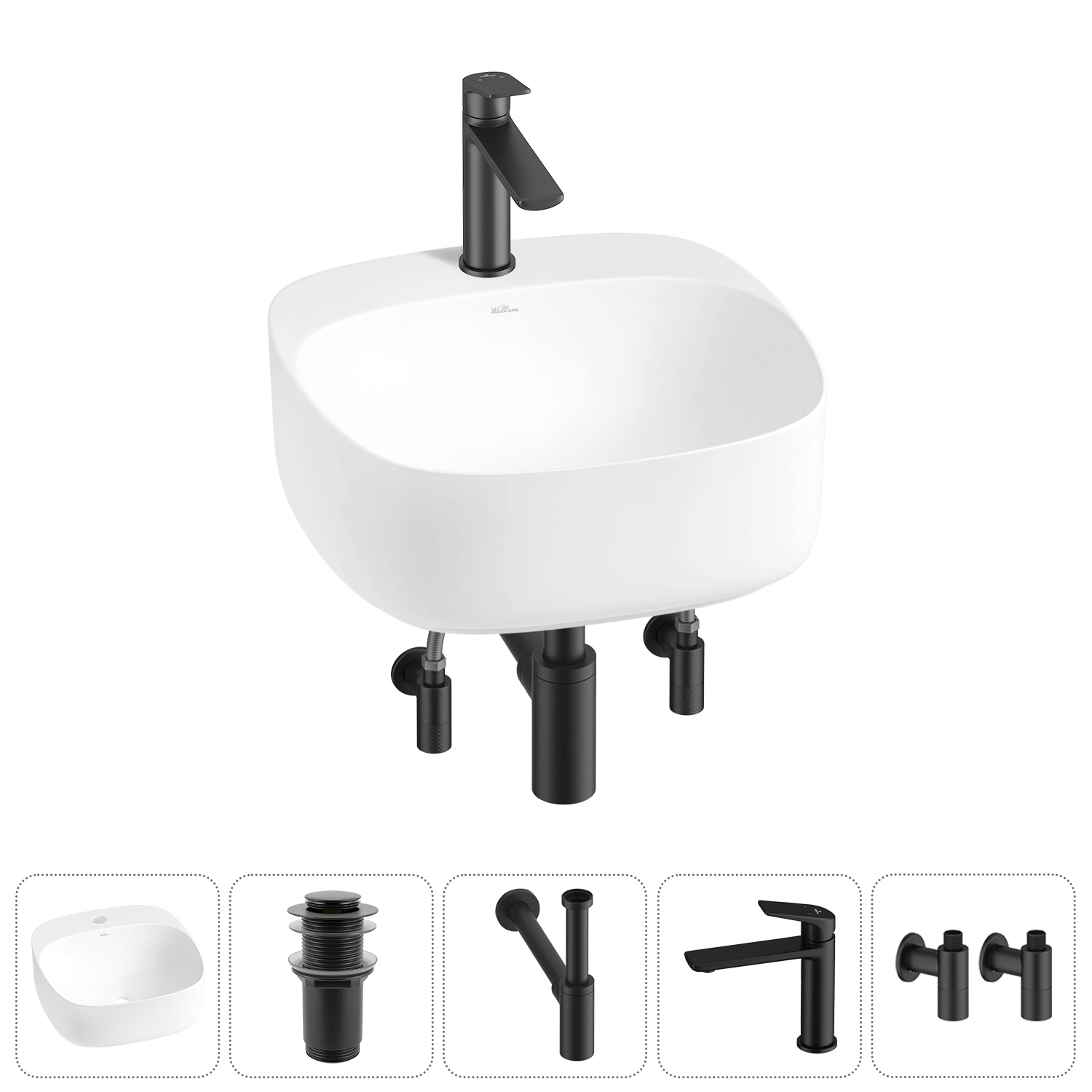 Изображение товара Раковина Wellsee ideal 20214124R 42 см 5 в 1 с сифоном смесителем и вентилями