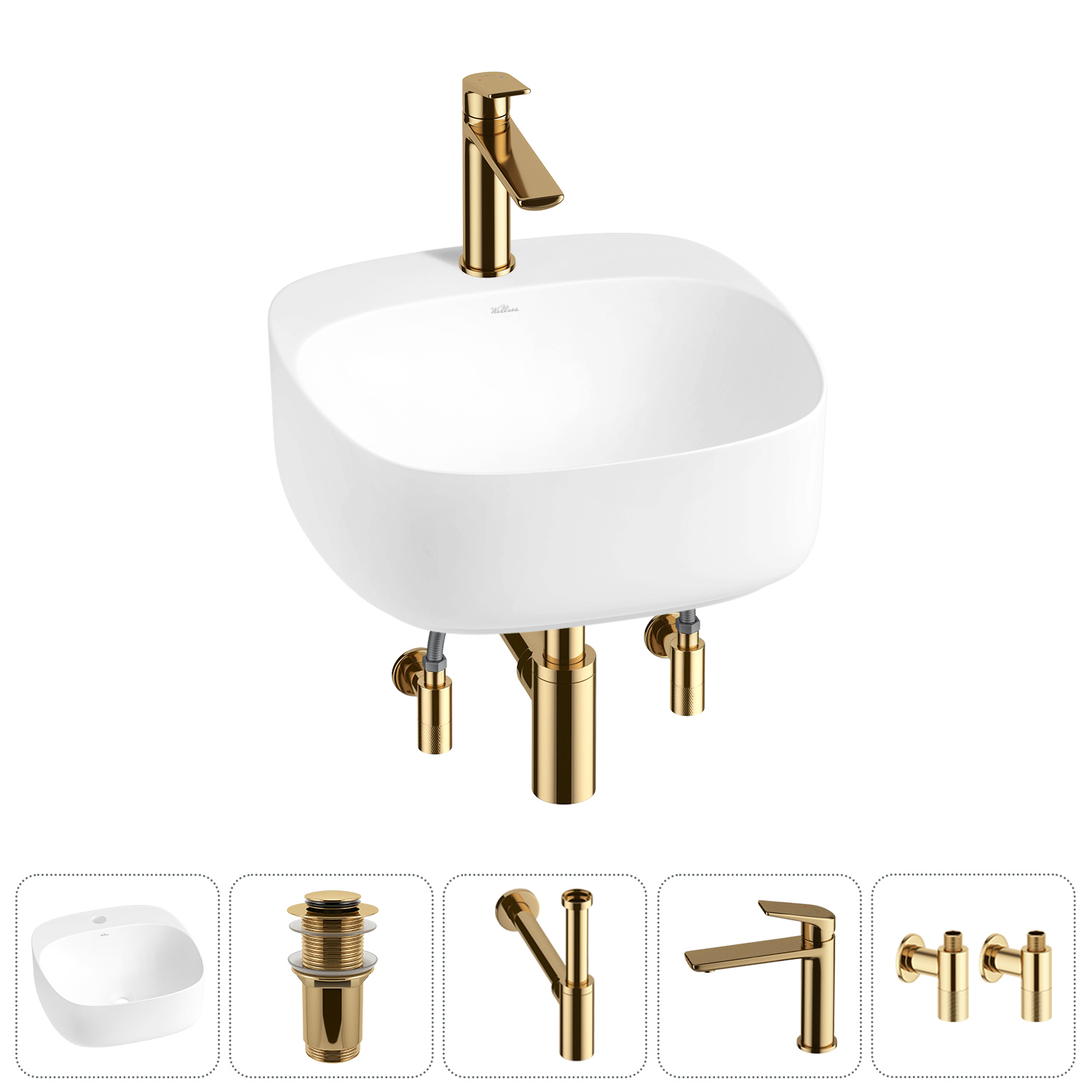 Изображение товара Раковина Wellsee ideal 42 см комплект с сифоном смесителем и вентилями