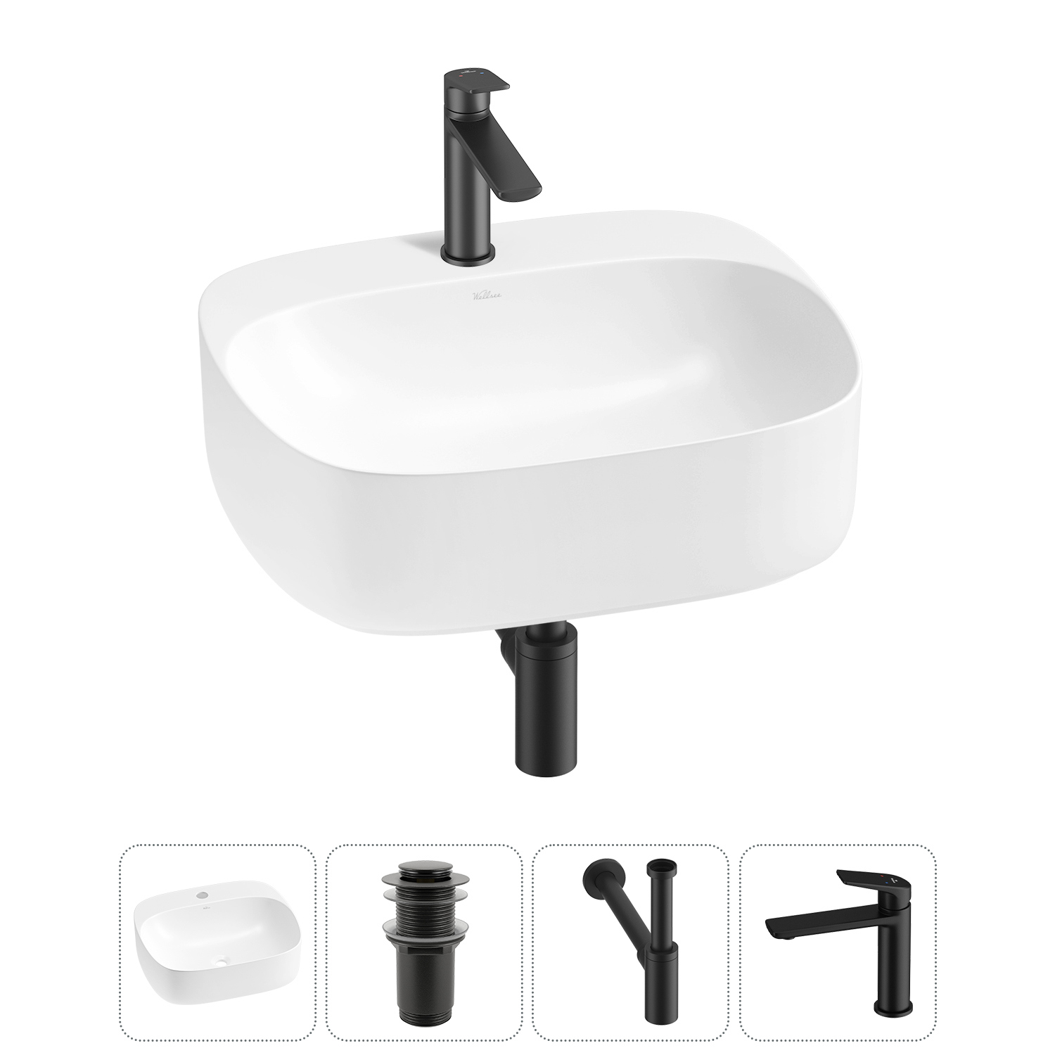 Изображение товара Раковина Wellsee ideal 50см 4 в 1 с сифоном и смесителем, матовая