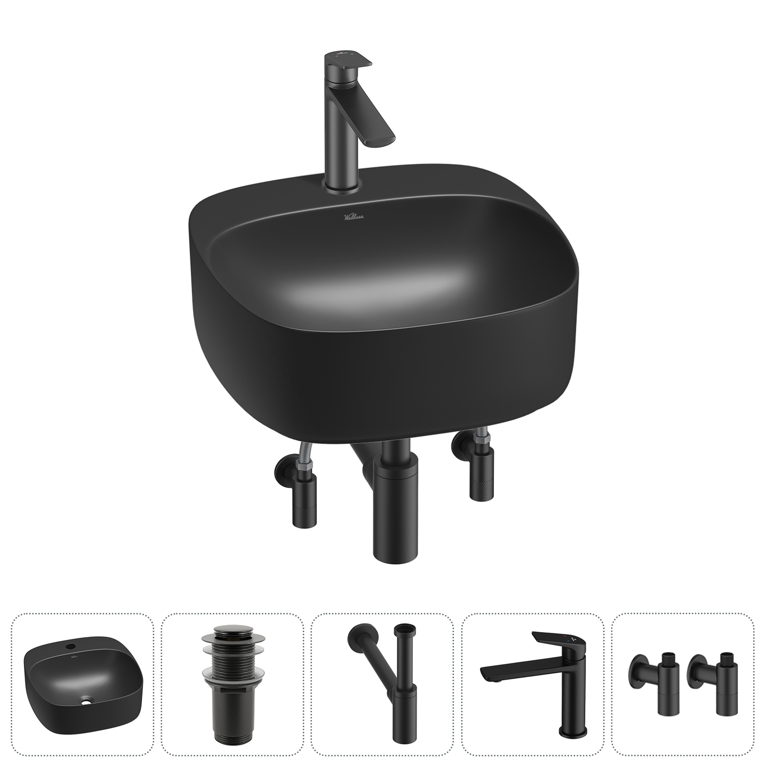 Изображение товара Раковина Wellsee ideal 20214153R 42см черная матовая комплект с сифоном и смесителем