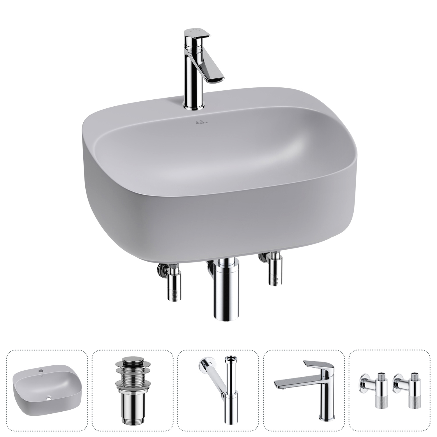 Изображение товара Раковина Wellsee ideal 50см 5 в 1 керамическая с сифоном смесителем и вентиля