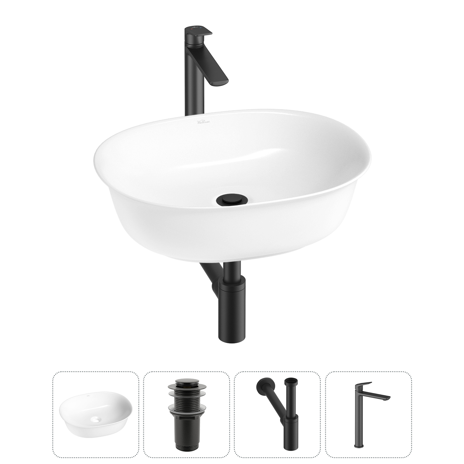 Изображение товара Раковина Wellsee Brillant iCon 20214624R 50 см комплект с сифоном и смесителем