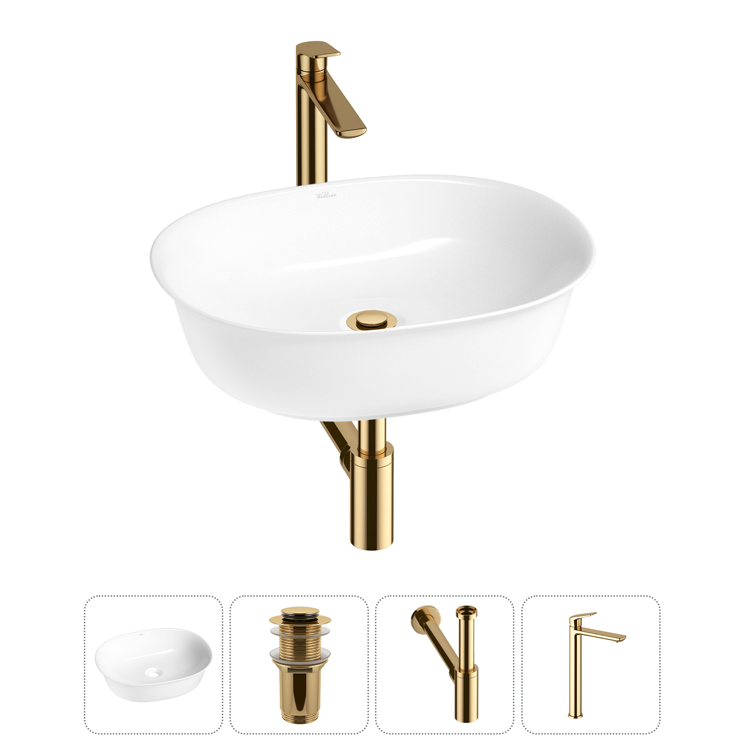 Изображение товара Раковина Wellsee brillant icon 20214625R 50 см с комплектом и золотым сифоном