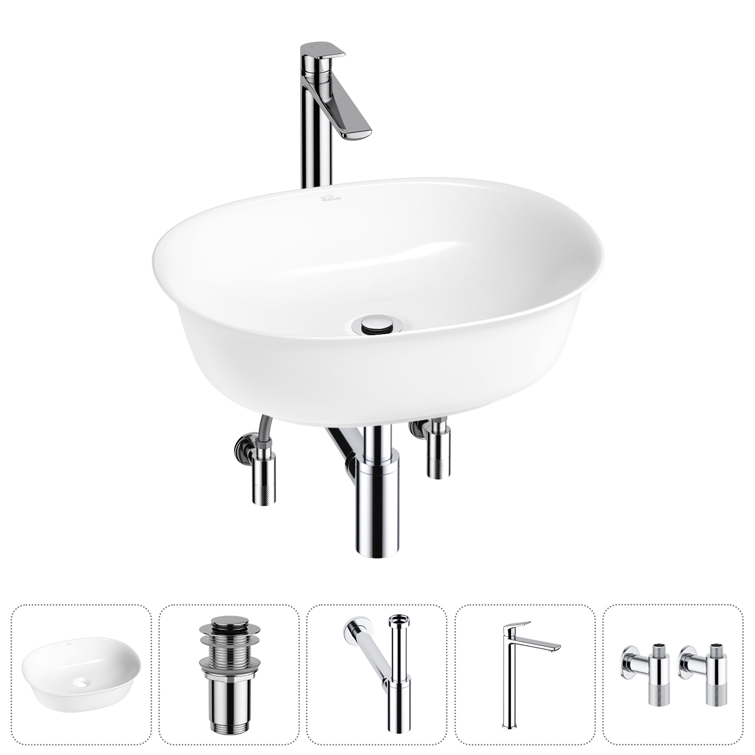 Изображение товара Раковина Wellsee brillant icon 50 см 5 в 1 с сифон смесителем и вентилями