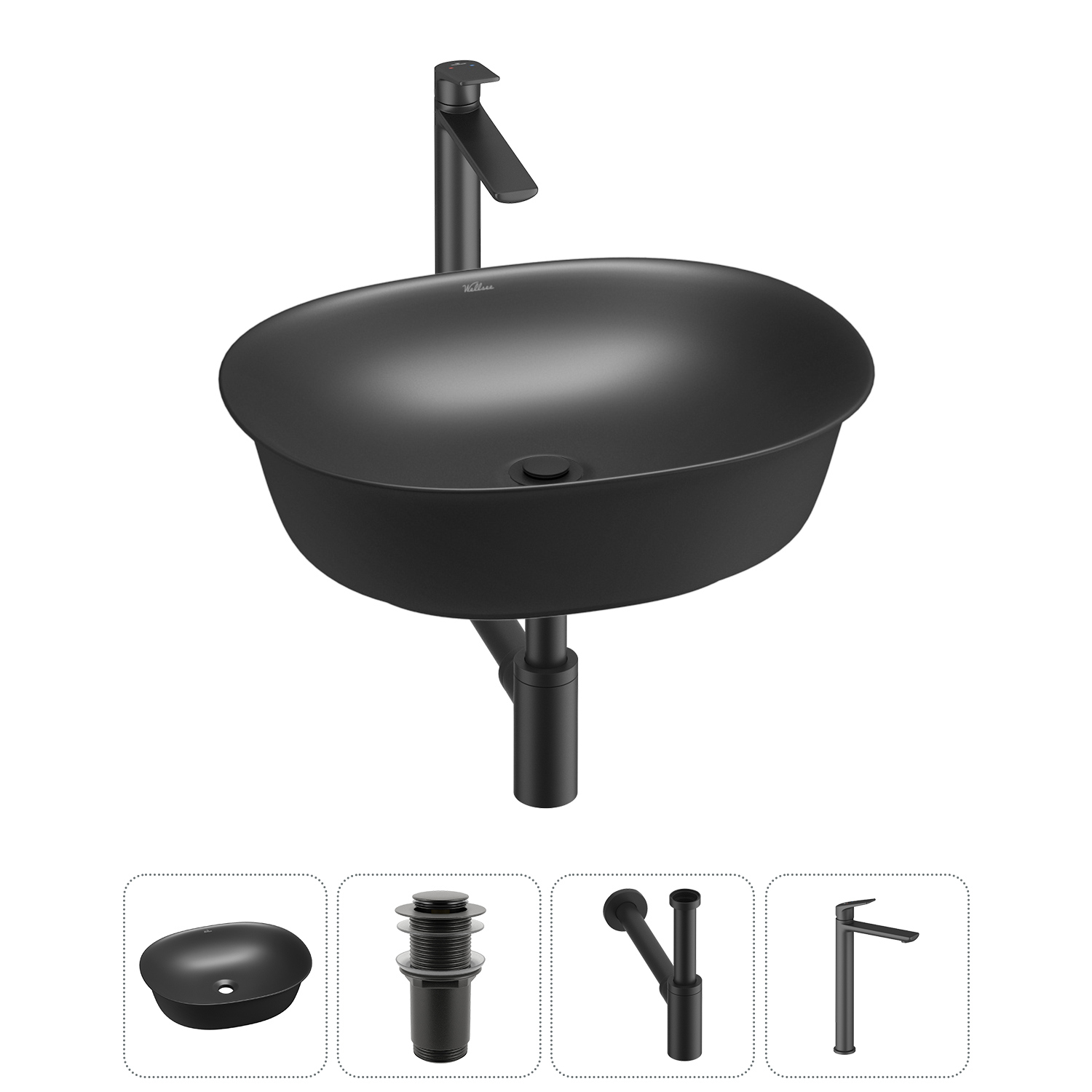 Изображение товара Раковина Wellsee brillant icon 50 см 4 в 1 с сифоном и смесителем матовая черная