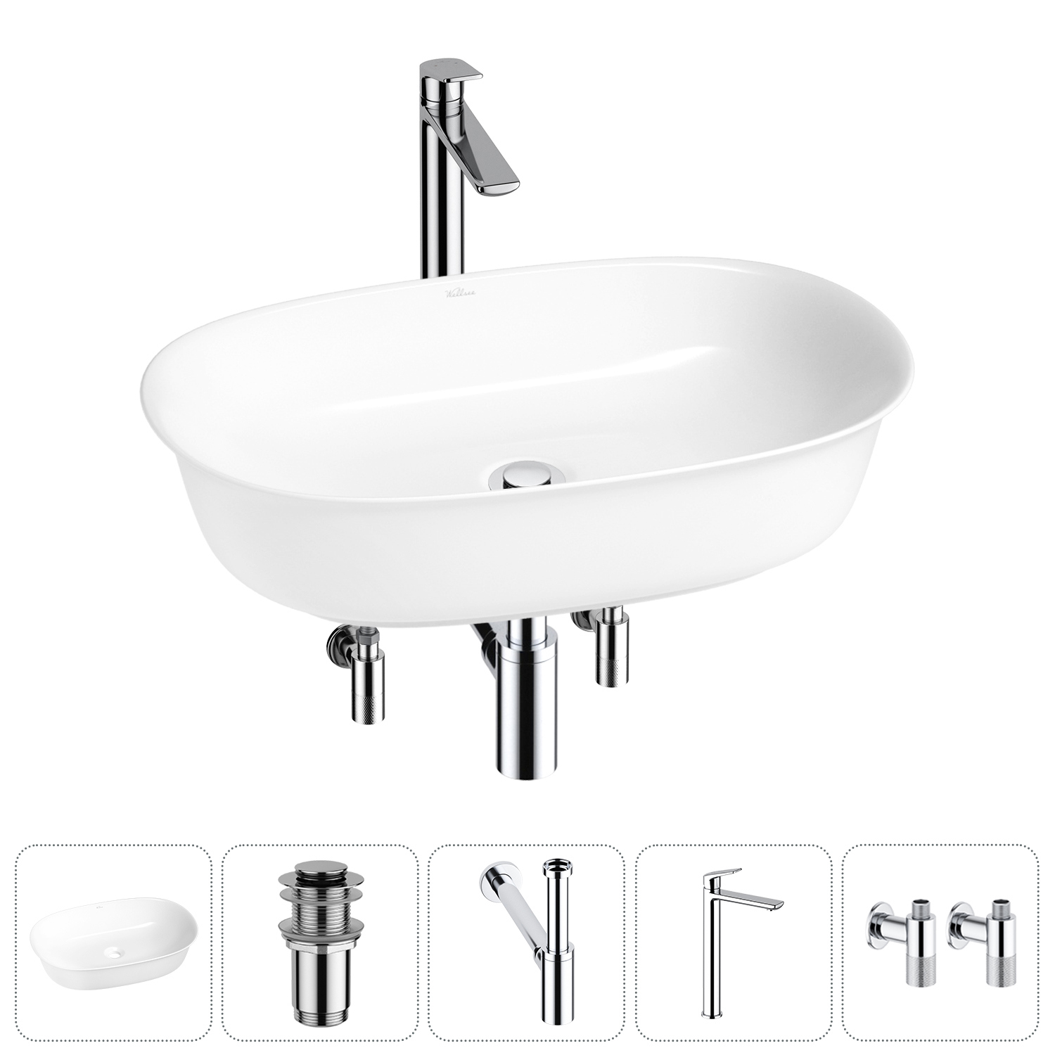Изображение товара Раковина Wellsee brillant icon 20214655R 60см цвет раковина 5 в 1: д/к, сифон, смеситель, вентили