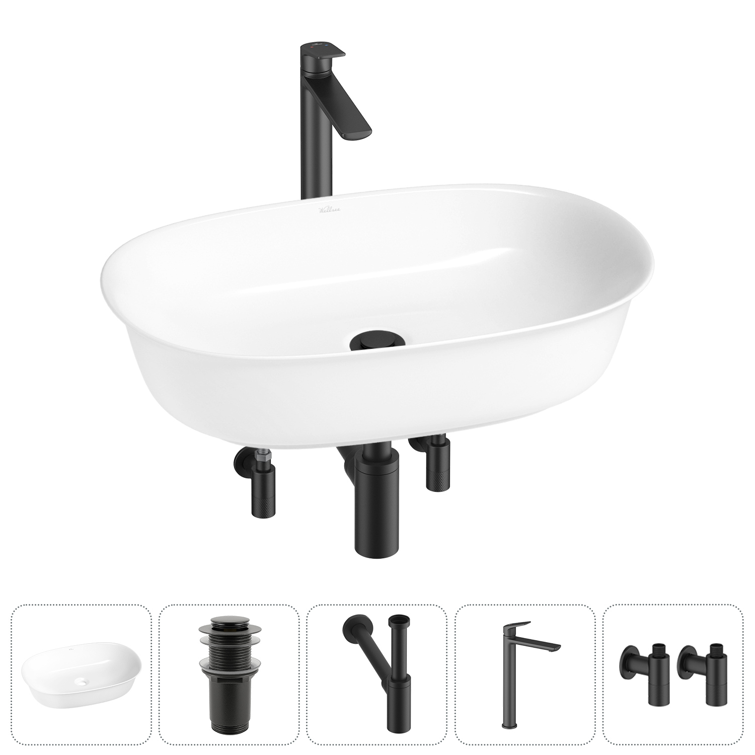 Изображение товара Раковина Wellsee Brillant iCon 60 см комплект 5 в 1 с сифоном и смесителем белая