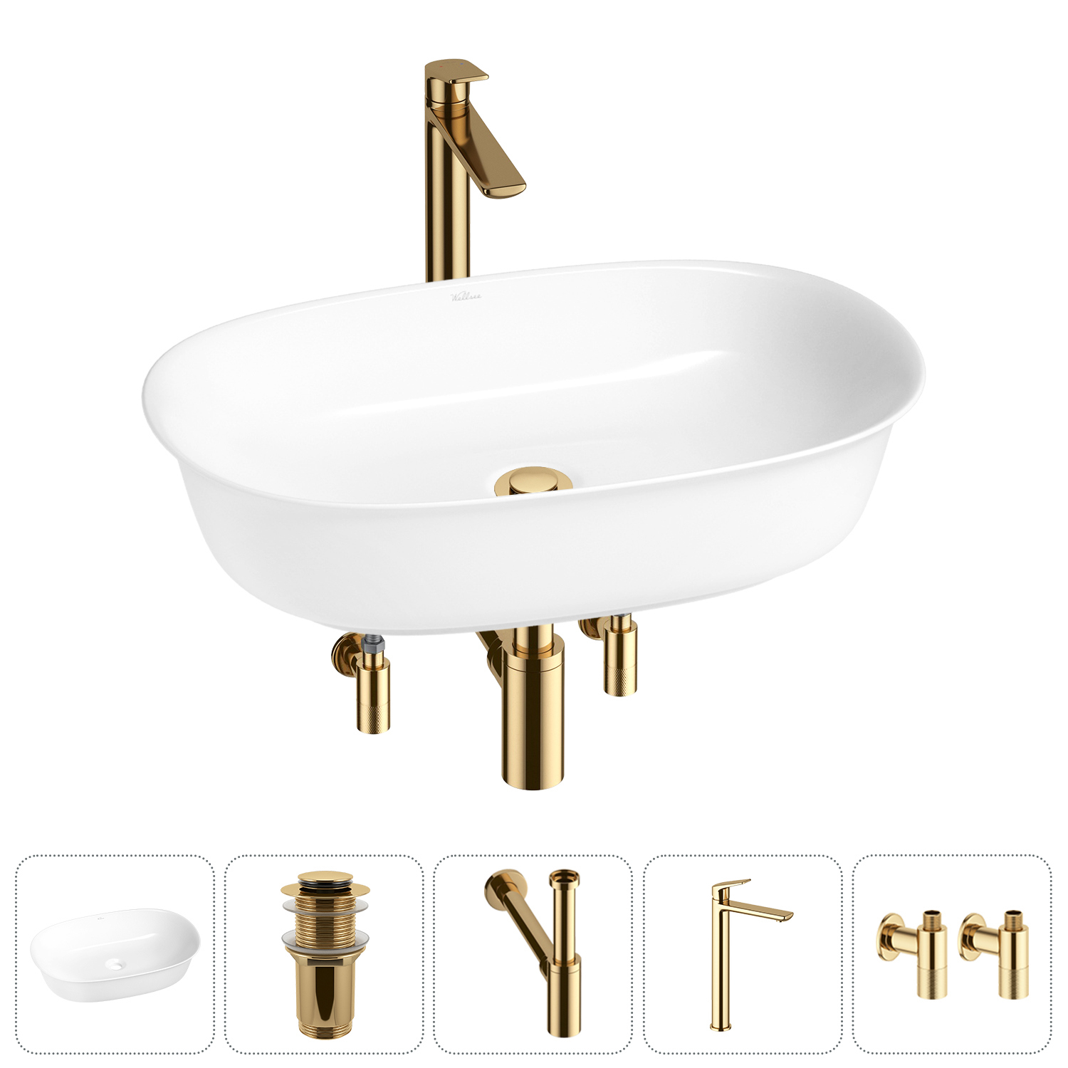 Изображение товара Раковина Wellsee Brillant iCon 60 см 5 в 1 с сифоном смесителем и вентилями