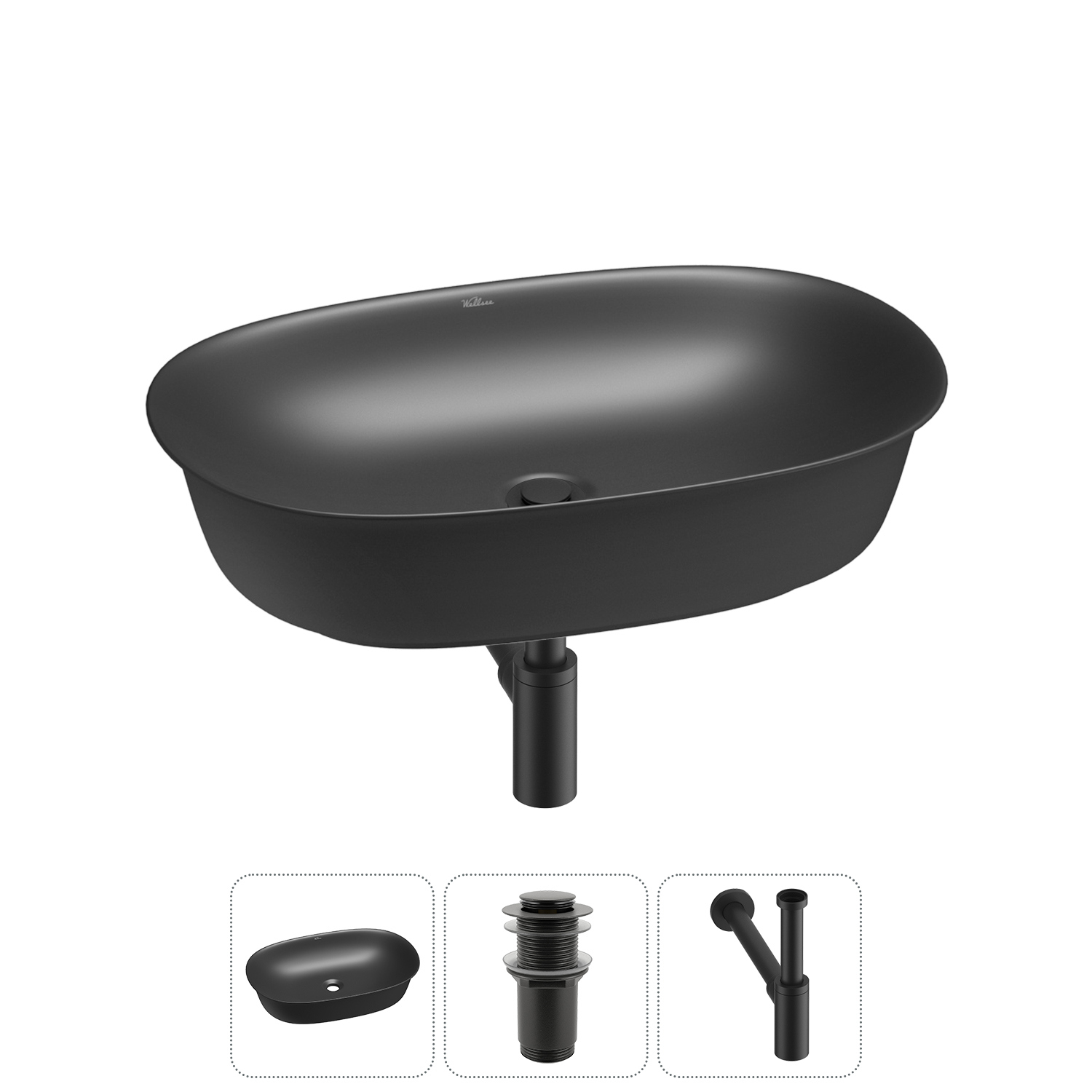 Изображение товара Раковина Wellsee brillant icon 20214663R 60 см черная матовая с сифоном и донным клапаном