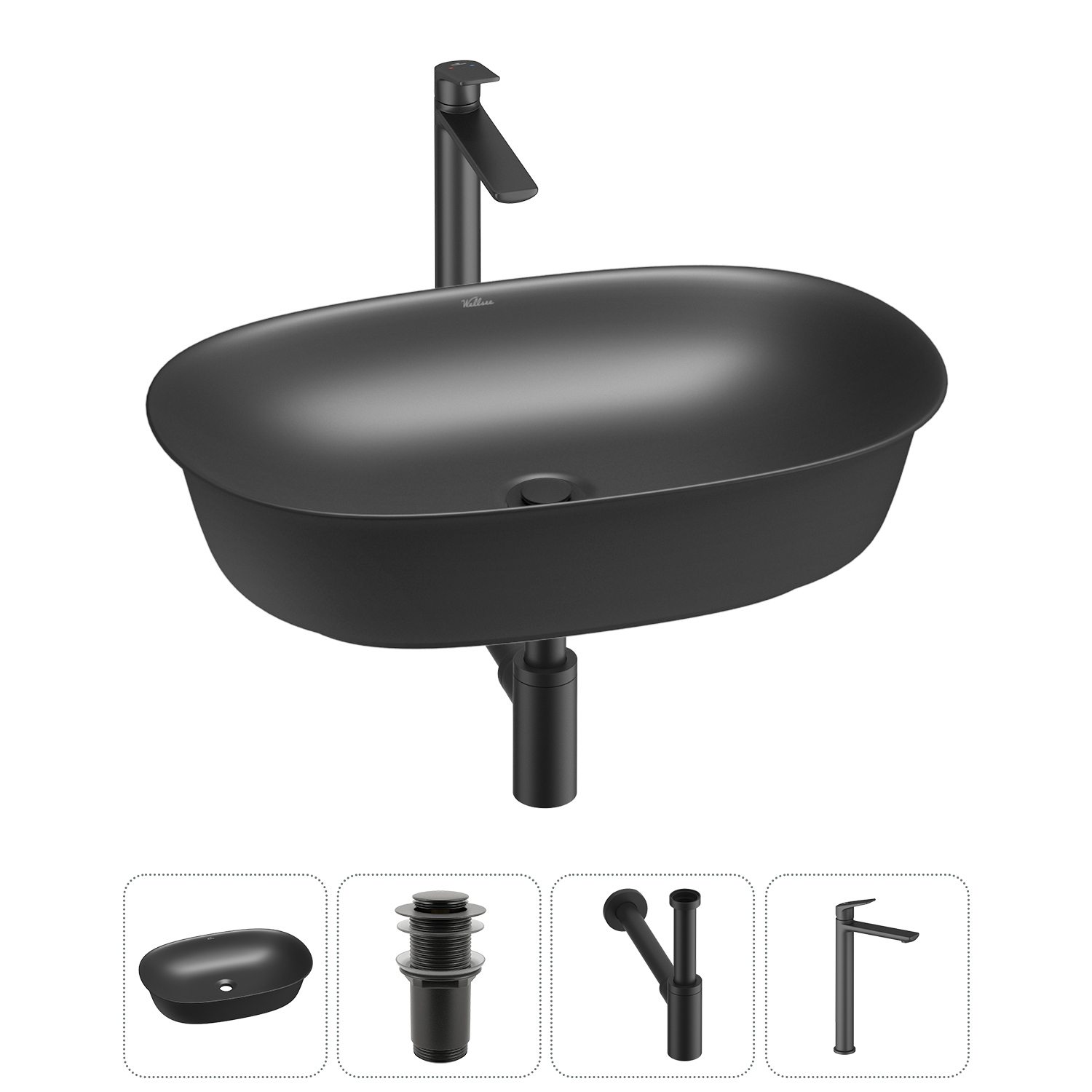 Изображение товара Раковина Wellsee Brillant iCon 60 см матовая черная 4 в 1 комплект