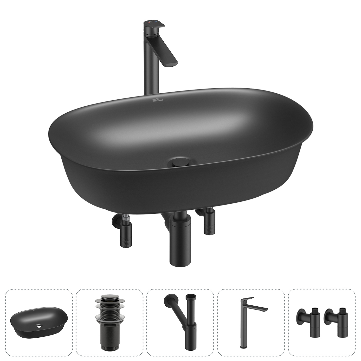 Изображение товара Раковина Wellsee brillant icon 60 см черная 5 в 1 с сифон и смесителем