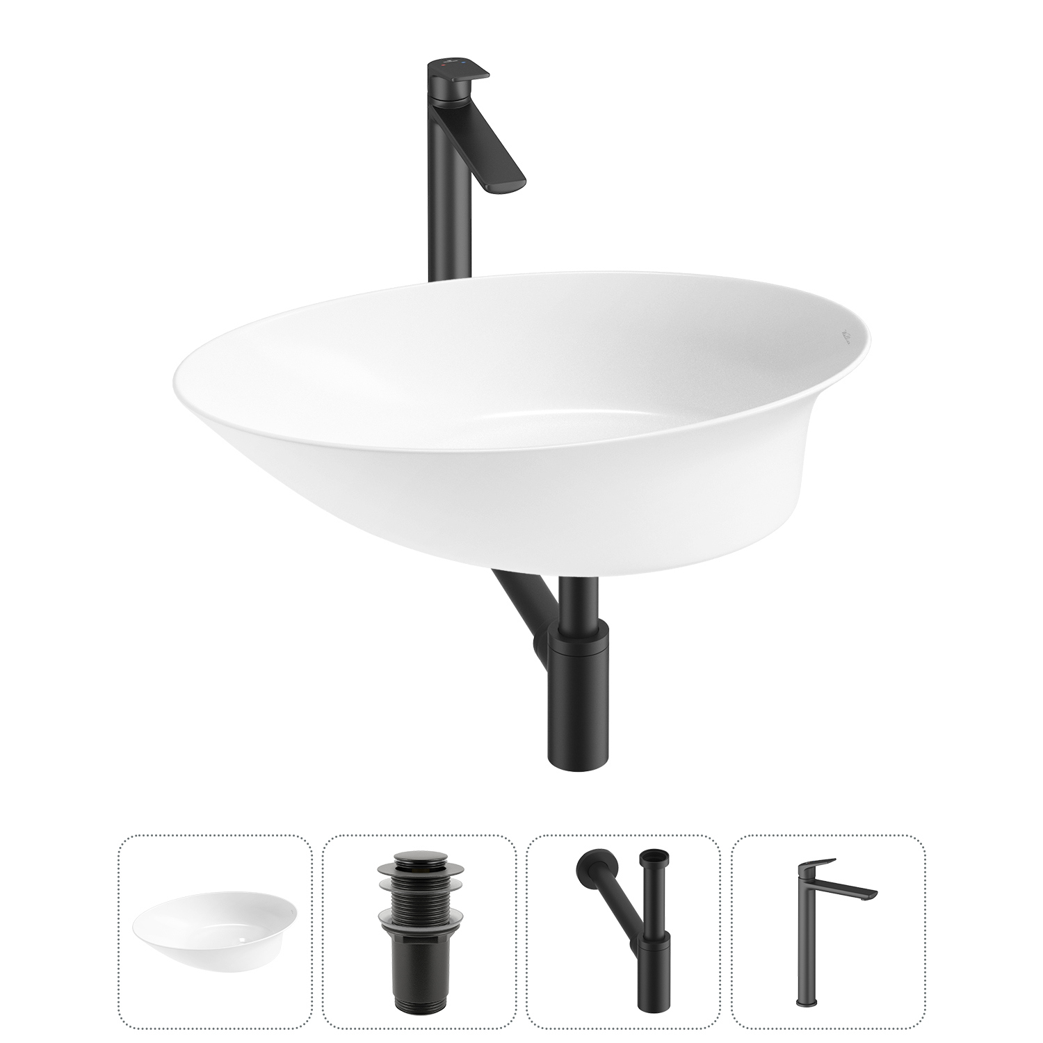 Изображение товара Раковина Wellsee Faze Moment 55 см 4 в 1 с сифоном и смесителем, белая