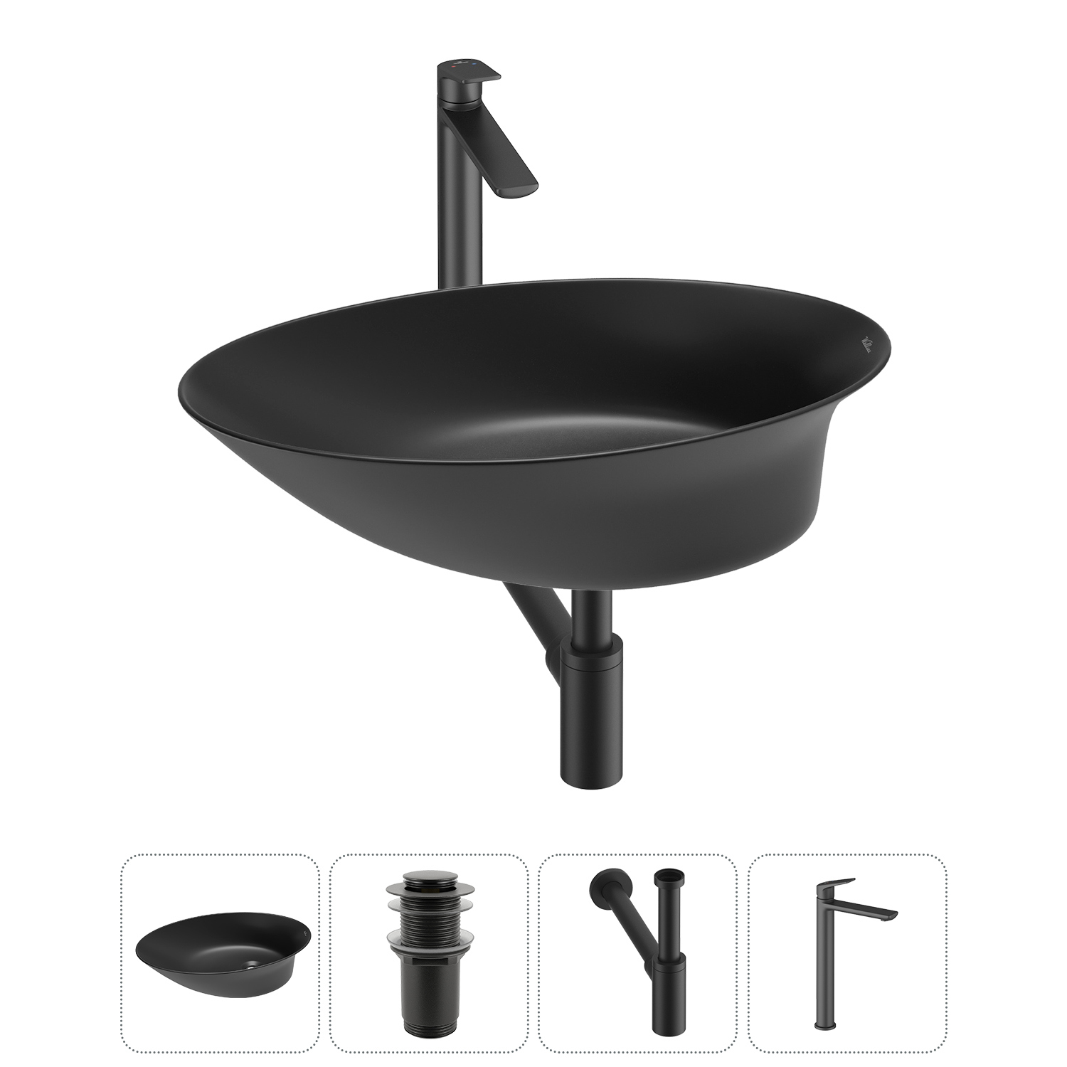 Изображение товара Раковина Wellsee Fazе Moment 55 см черная 4 в 1 комплект с сифоном и смесителем