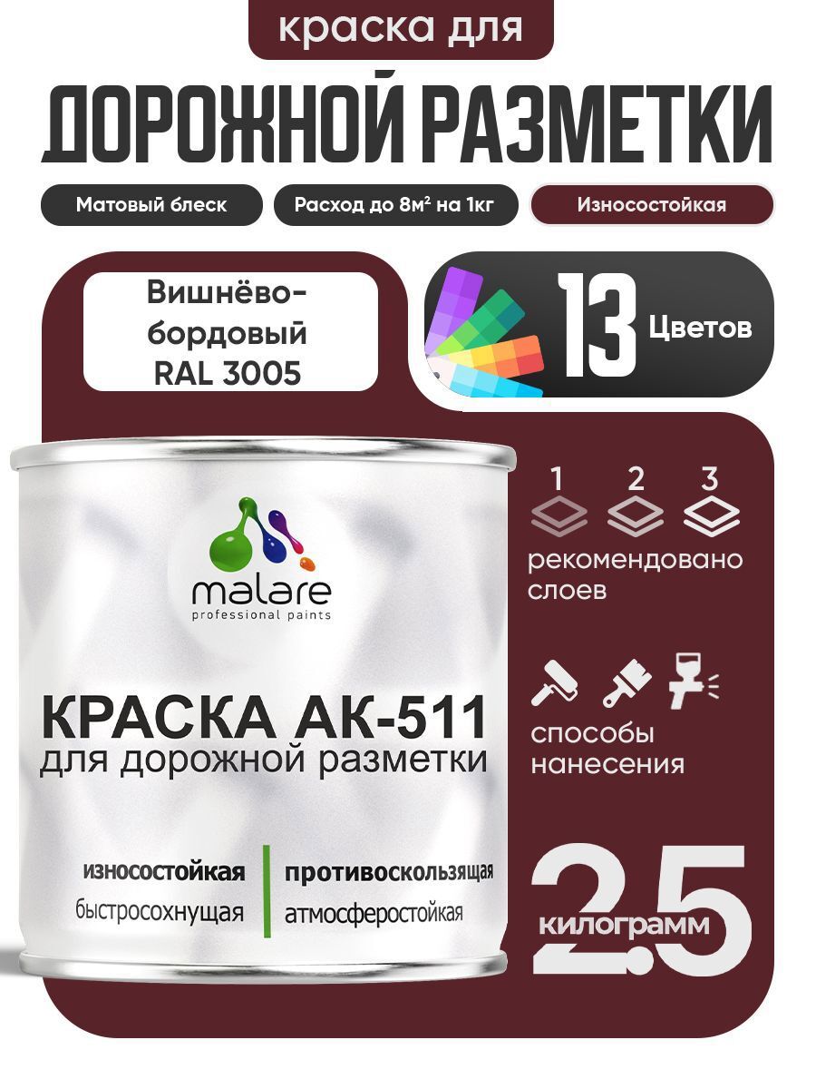 Изображение товара Краска для дорожной разметки MALARE StrongCorr RAL 3005, вишнево-бордовая, 2.5 кг