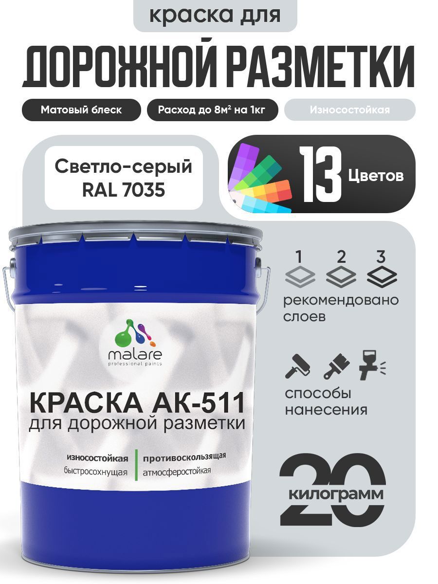 Изображение товара Краска для дорожной разметки АК511 Malare StrongCorr износостойкая быстросохнущая матовая цвет RAL 7035 светлосерый 20 кг