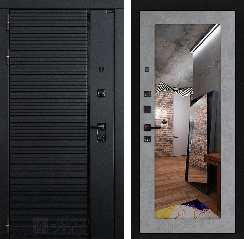 Изображение товара Входная дверь Лабиринт Пиано левый 205x88см цвет черный кварц/бетон светлый с зеркалом П18