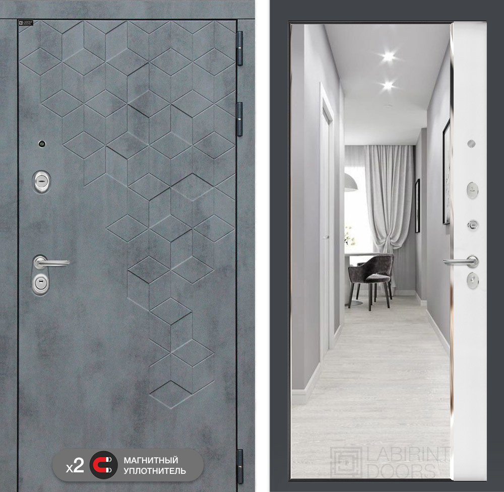 Изображение товара Входная дверь Лабиринт Бетон правый 205x88см цвет бетон темный/белый софт с зеркалом Панорама