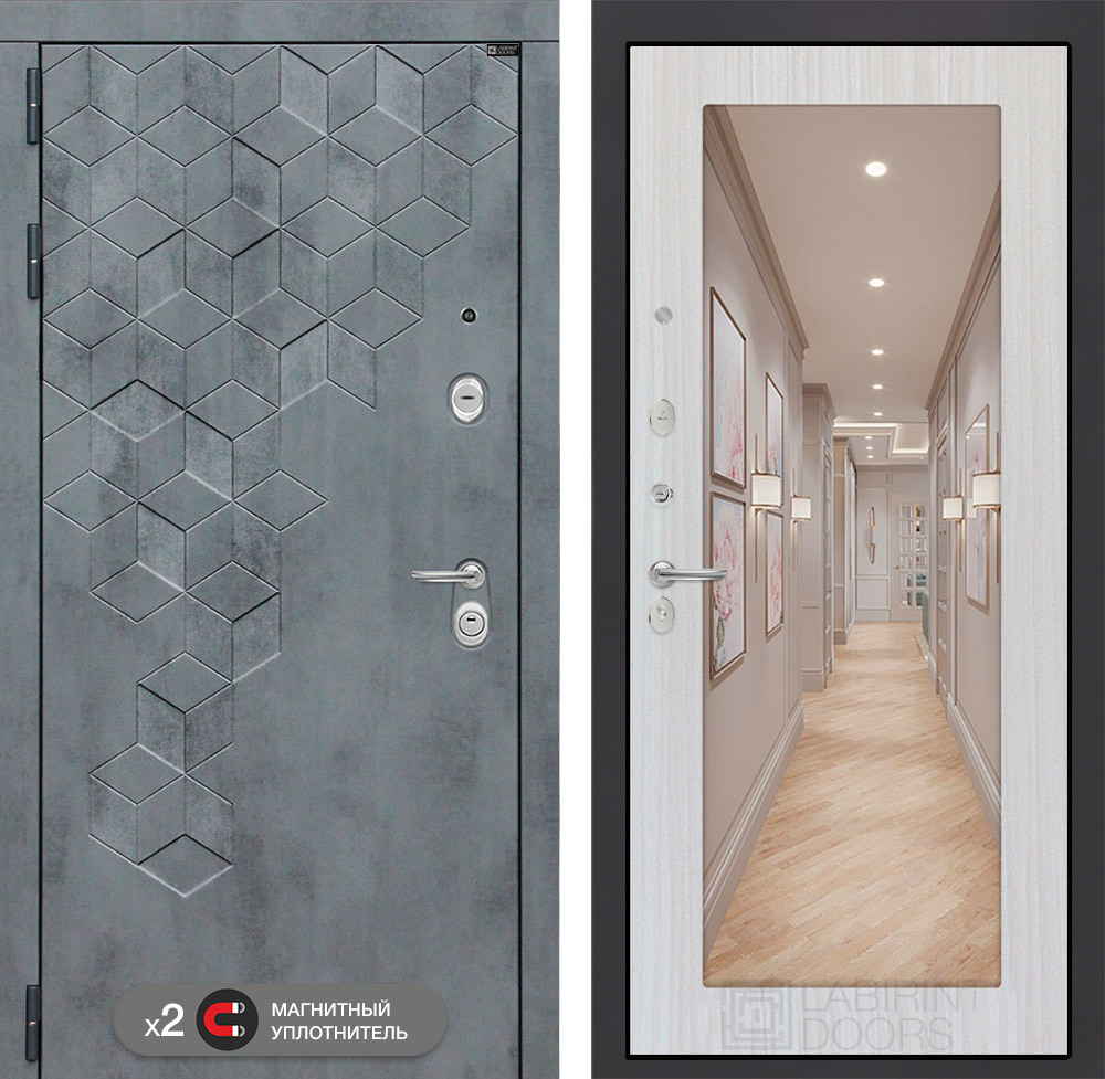 Изображение товара Входная дверь Лабиринт Бетон левый 205x88см цвет бетон темный/сандал белый с зеркалом П18