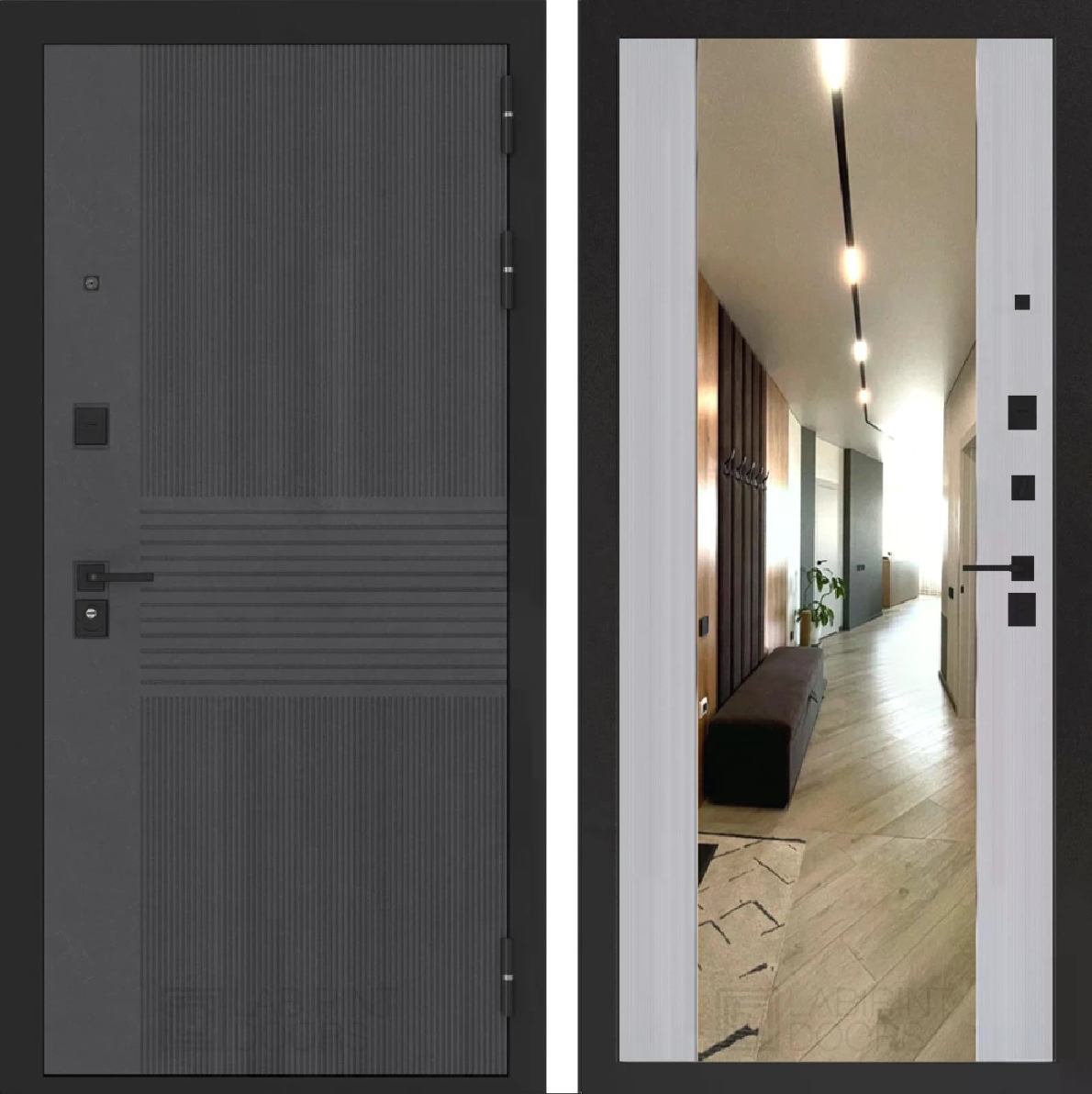 Изображение товара Входная дверь Лабиринт Бункер 05 правый 205x96см цвет лофт графит/серый софт рельеф с зеркалом ФЛЗ-1