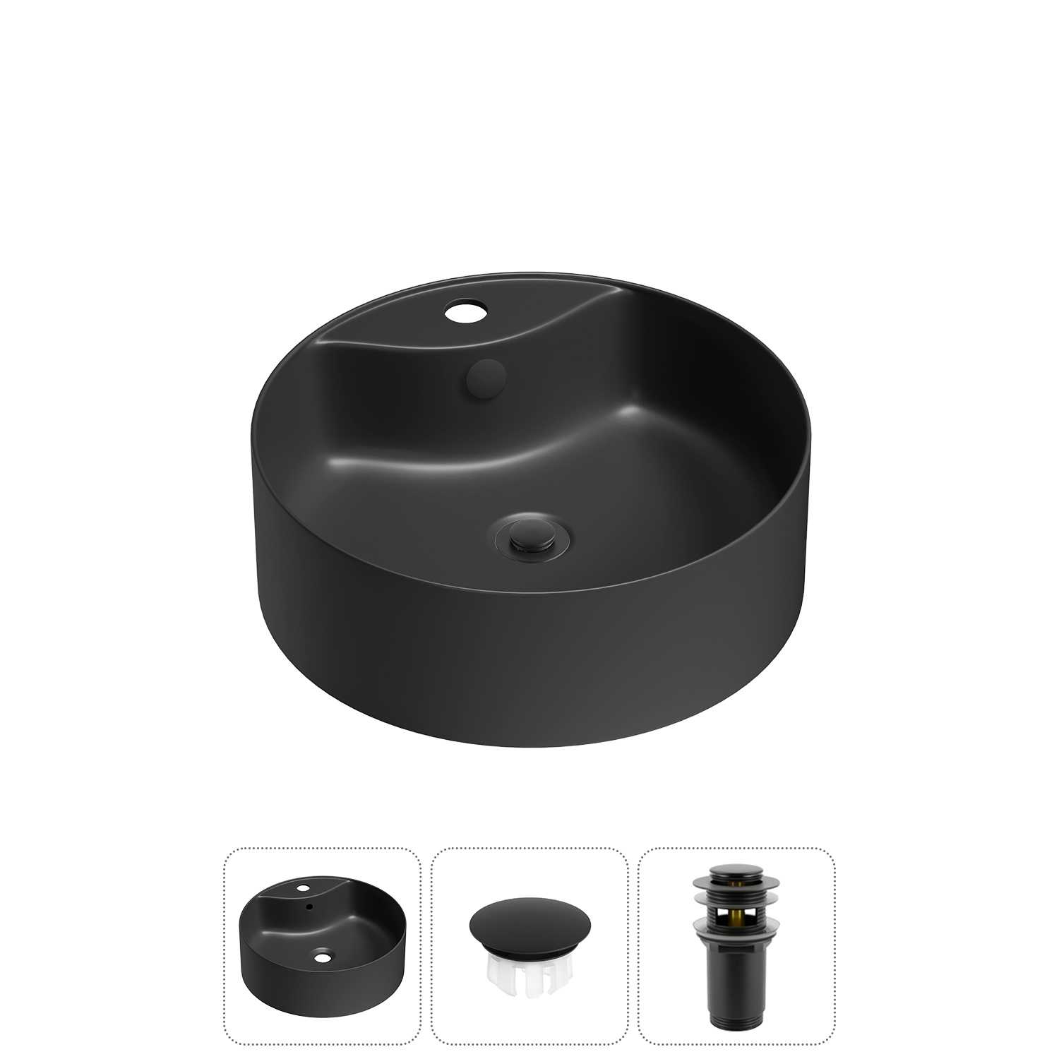 Изображение товара Раковина Wellsee praxis 20216978R 46см черная матовая с переливом и клапаном