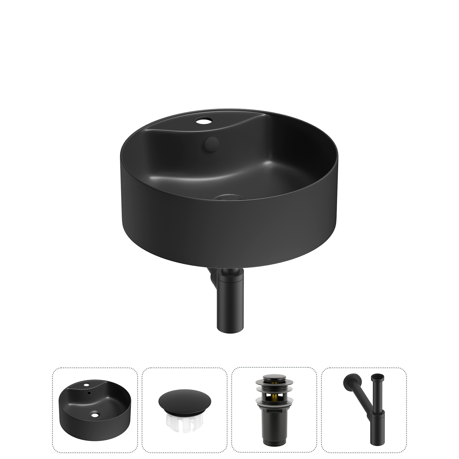 Изображение товара Раковина Wellsee praxis 40см черная матовая 4 в 1 с сифоном и заглушкой