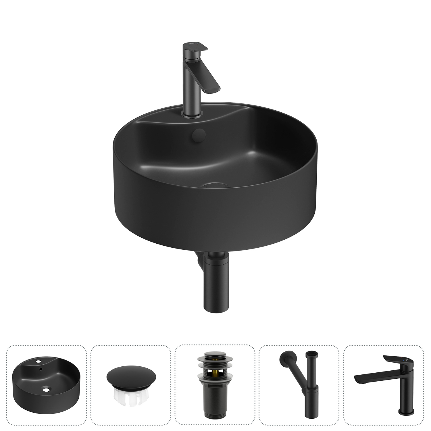 Изображение товара Раковина Wellsee praxis 40 см черная матовая комплект с сифоном и смесителем