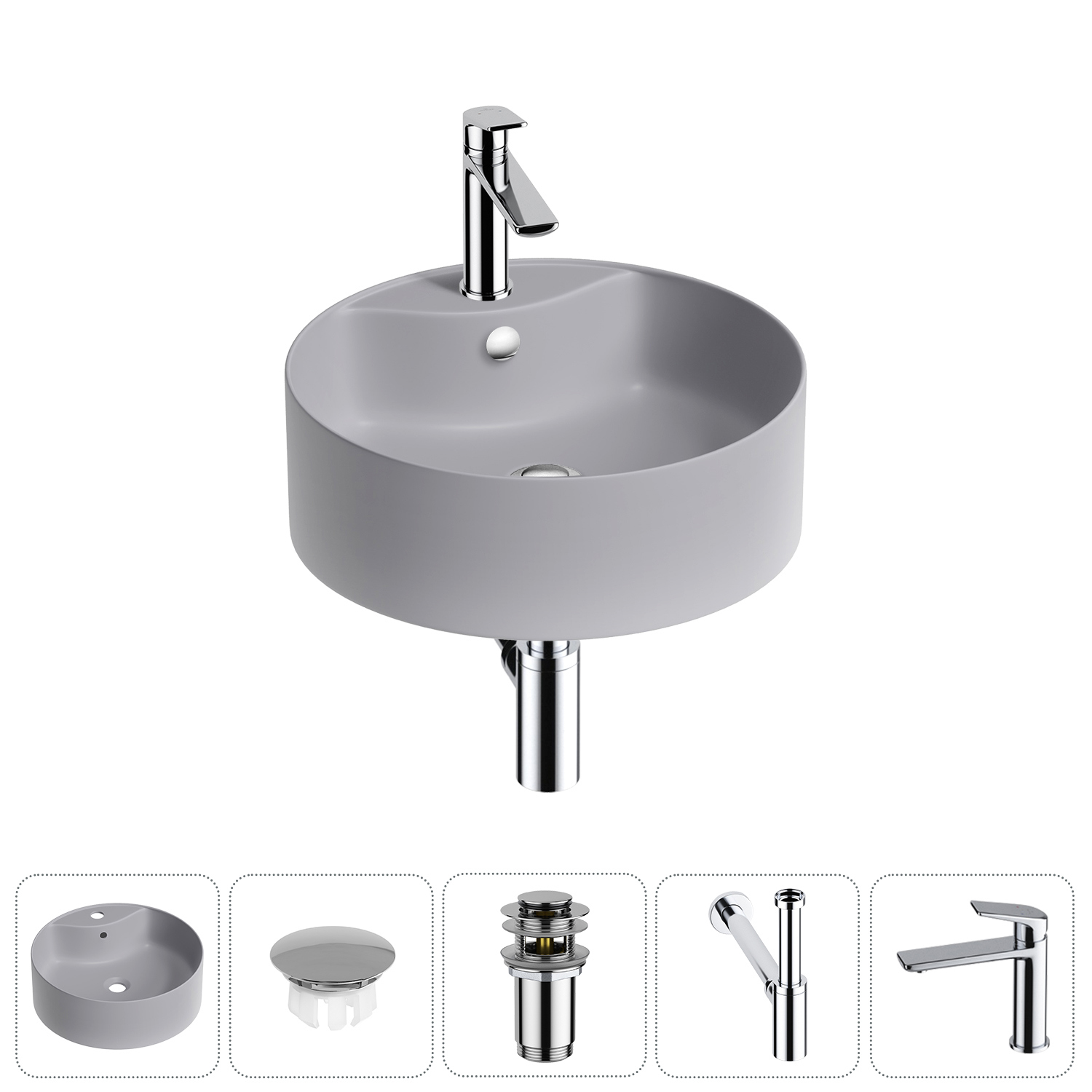 Изображение товара Раковина Wellsee praxis 20217101R 46см цвет раковина 5 в 1: заглушка на перелив, д/к, сифон, смеситель