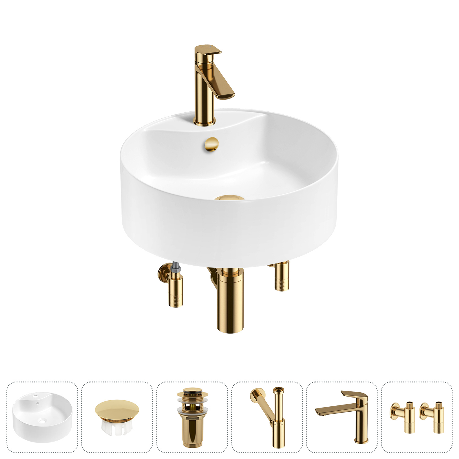 Изображение товара Раковина Wellsee Praxis 46 см круглая с комплектом золотых аксессуаров