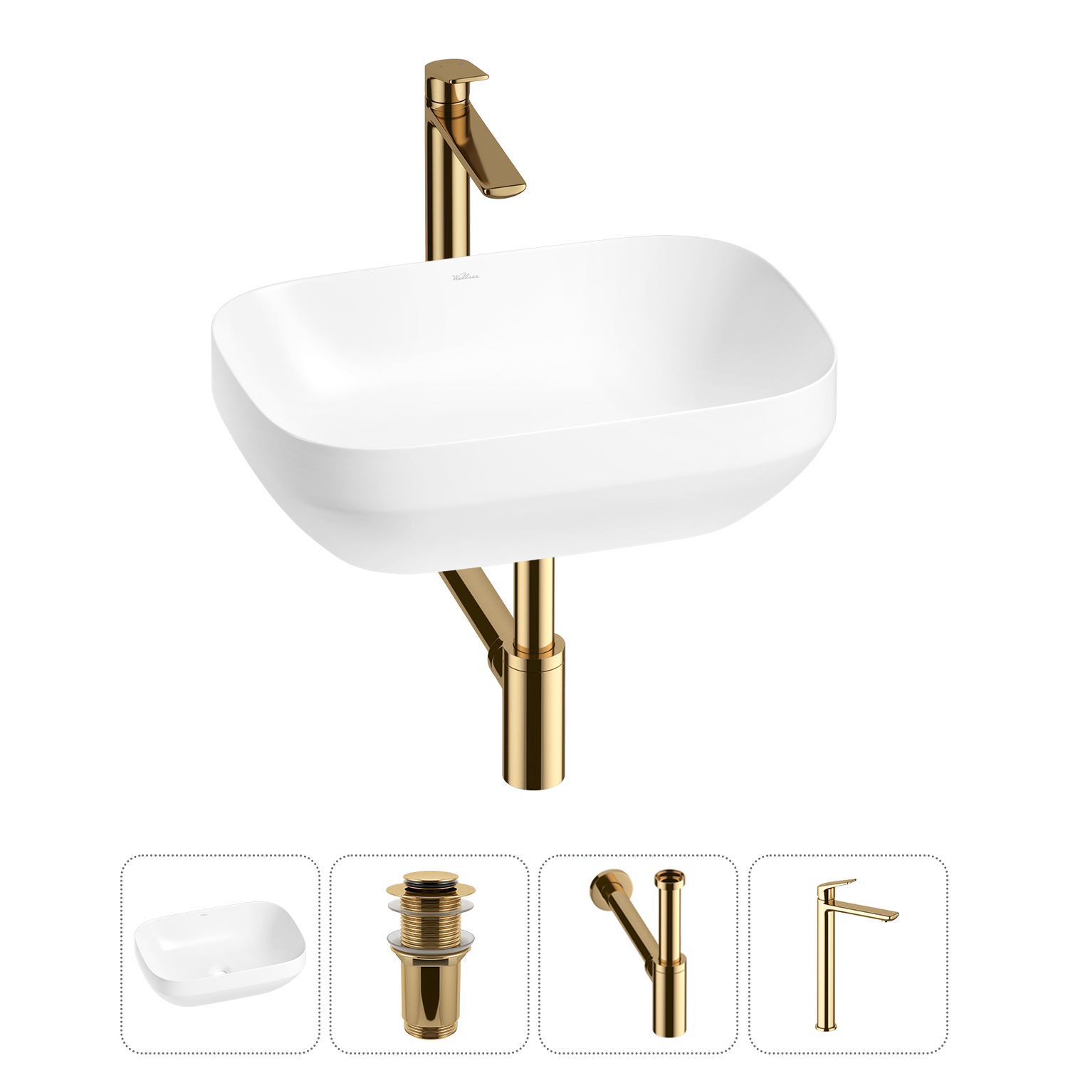 Изображение товара Раковина Wellsee air gap s 20212415R 50 см белый с сифоном и смесителем Золото