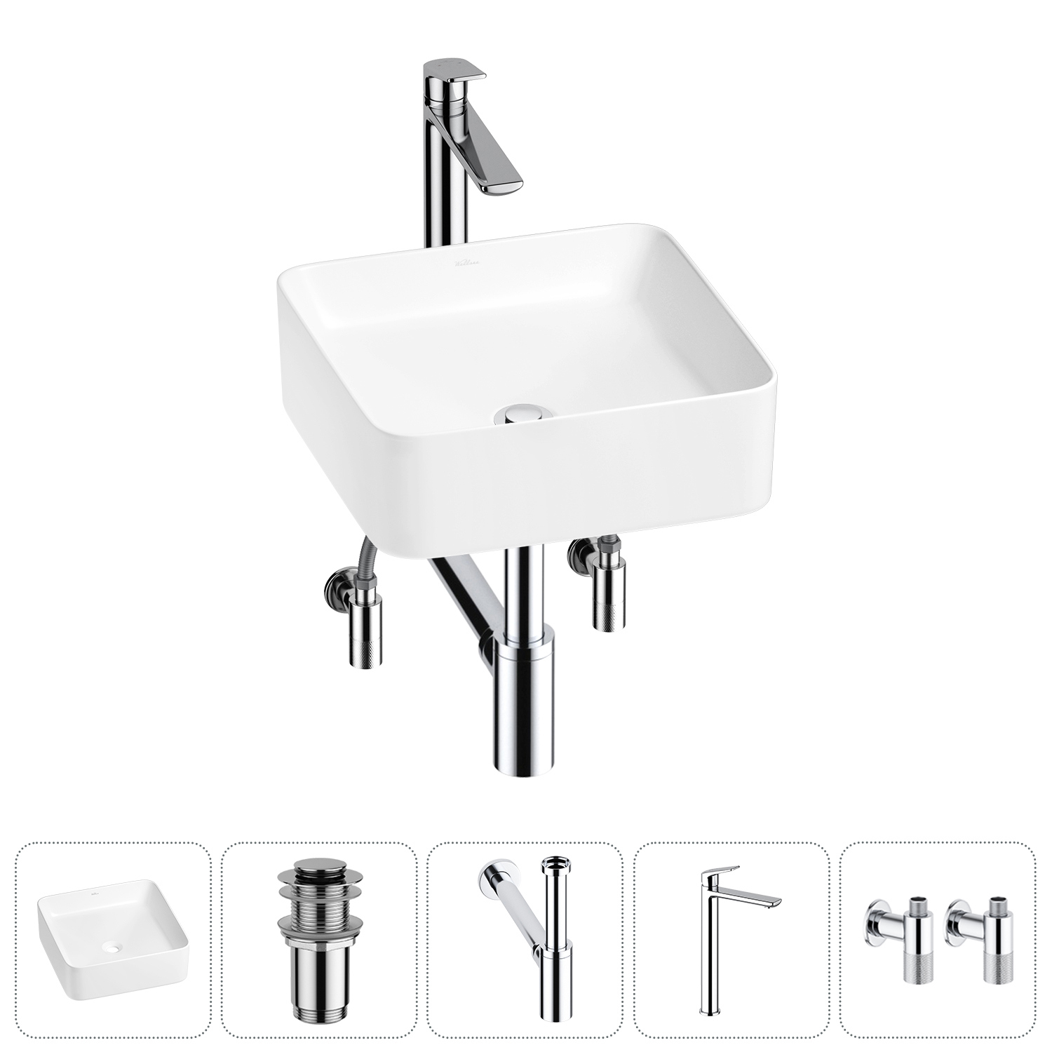 Изображение товара Раковина Wellsee mint 38см 5 в 1 комплект (сифон, смеситель, вентили), белая