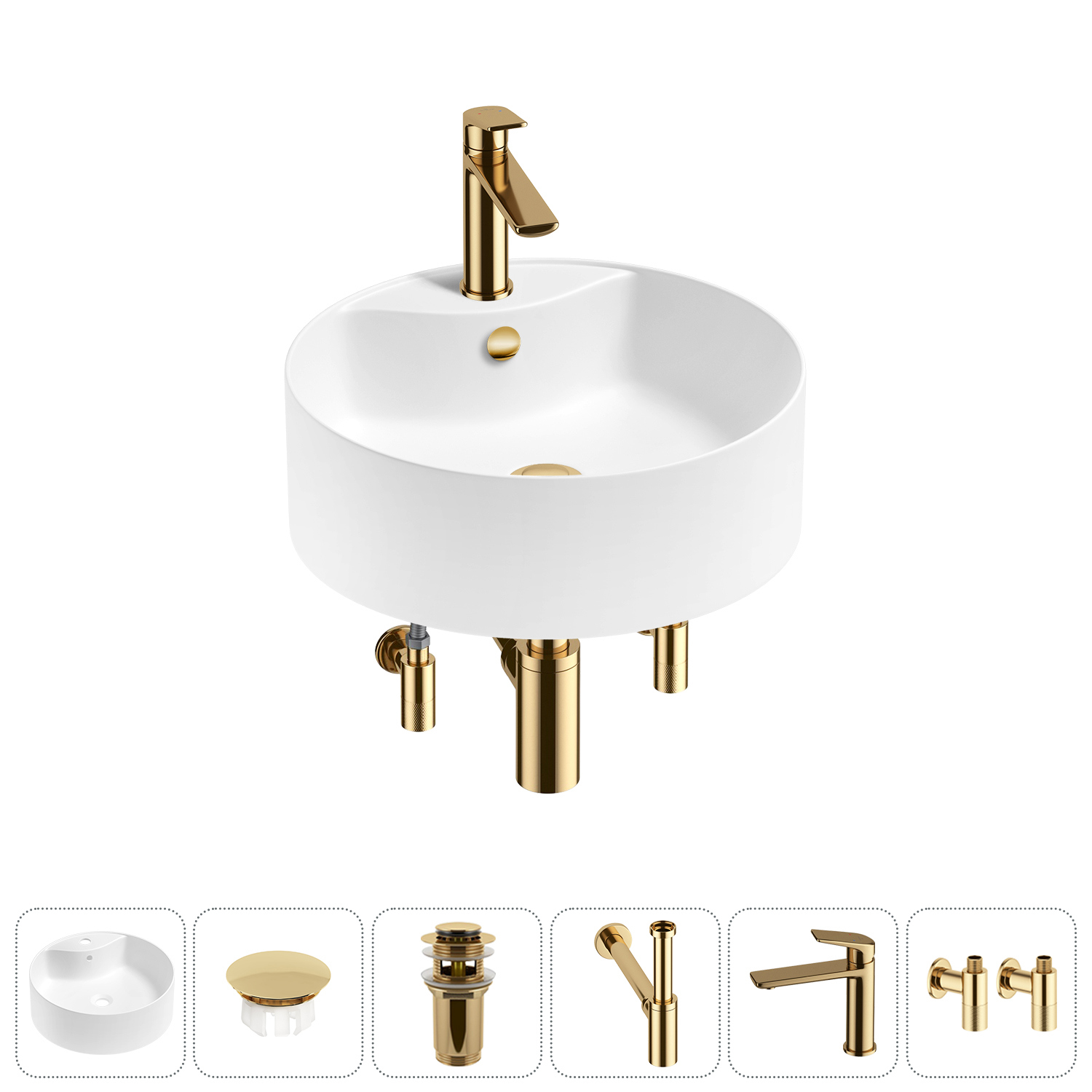 Изображение товара Раковина Wellsee praxis 20217149R 46см цвет раковина 6 в 1: заглушка на перелив, д/к, сифон, смеситель, вентили