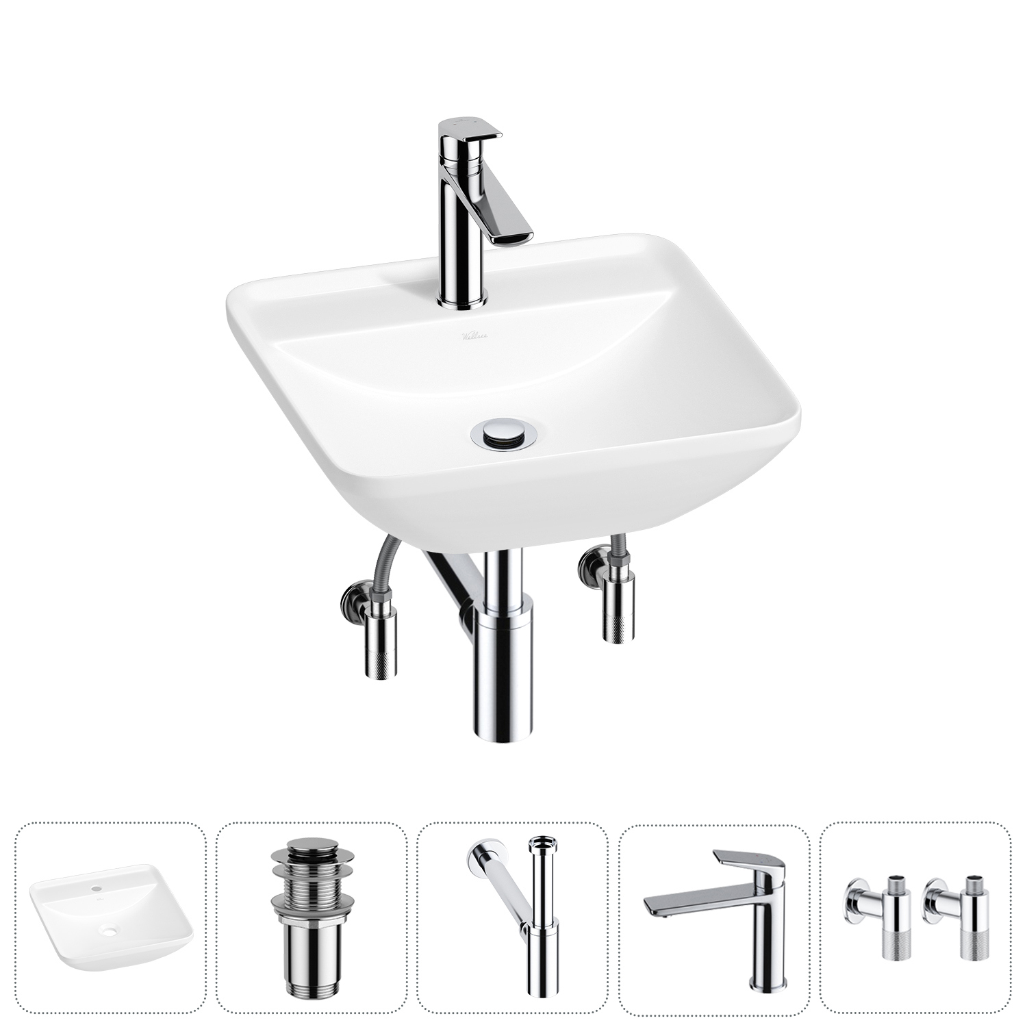 Изображение товара Угловая раковина Wellsee 43 см с комплектом 5 в 1 для ванной