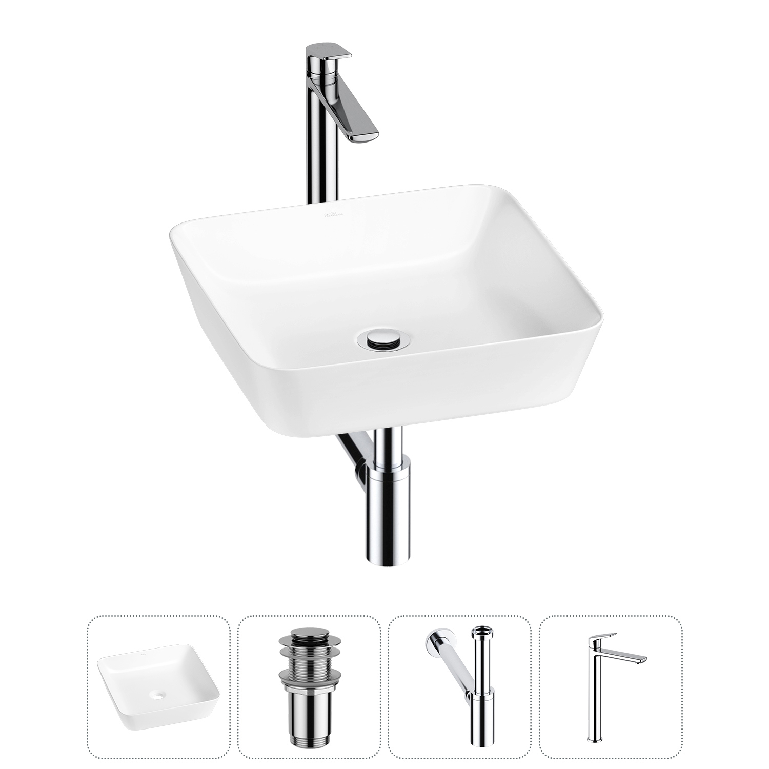 Изображение товара Раковина Wellsee Cromulent 44см 4 в 1 с сифоном и смесителем белая