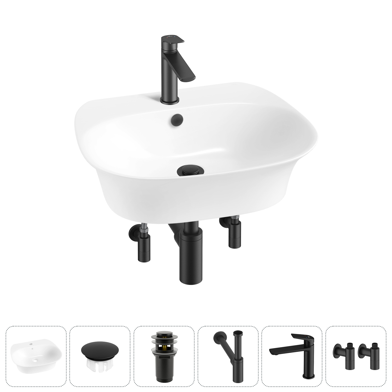 Изображение товара Раковина Wellsee Excellence Pro 55 см белая комплект с сифон и смесителем