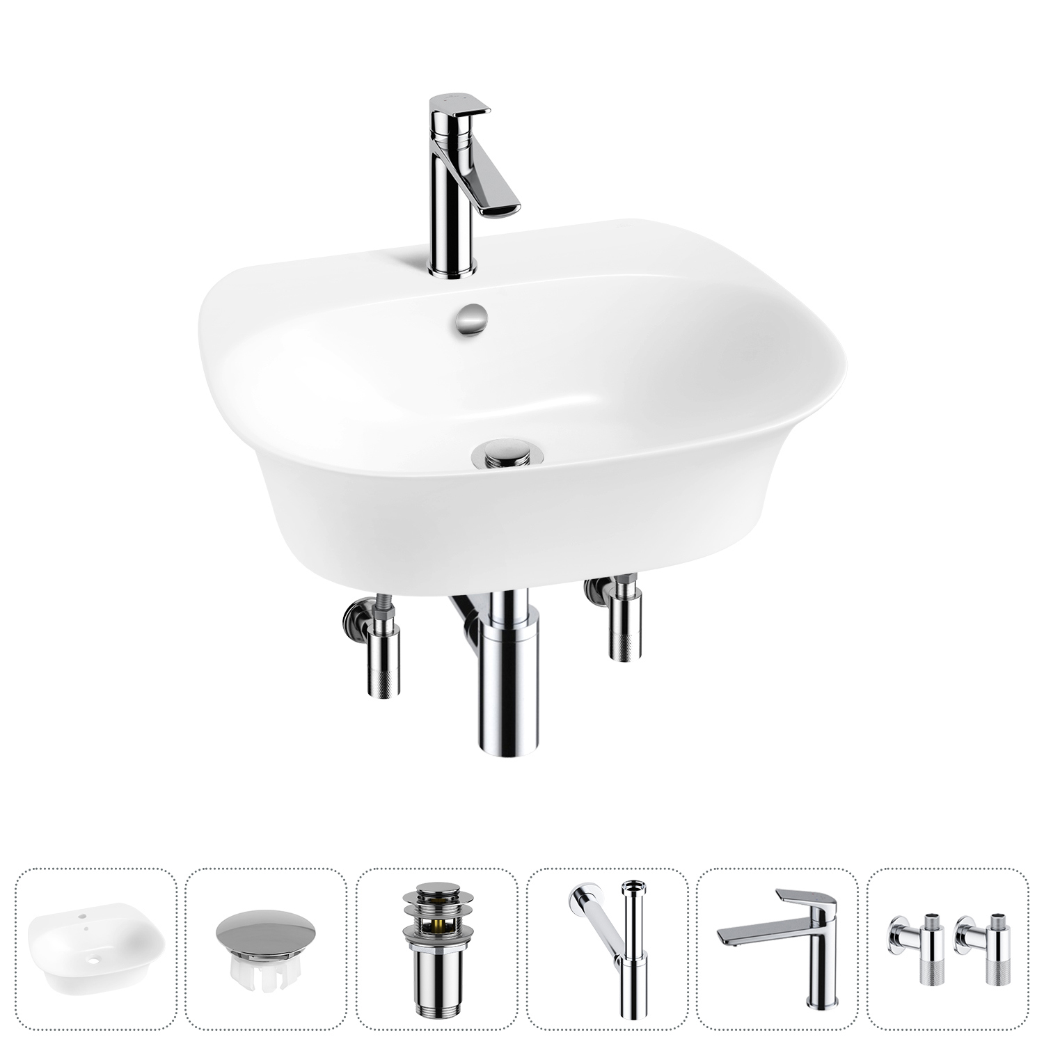 Изображение товара Раковина Wellsee Excellence Pro 50 см 6 в 1 с сифоном смесителем и вентиля