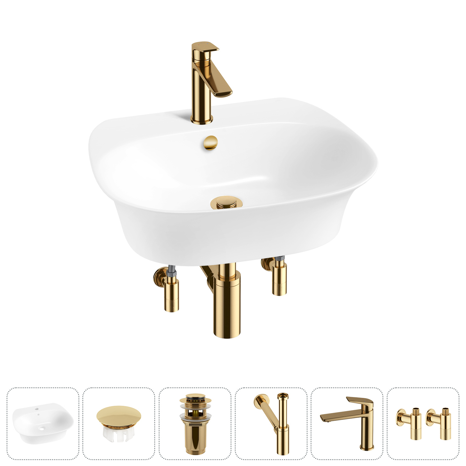 Изображение товара Раковина Wellsee Excellence Pro 50 см с комплектом аксессуаров золото