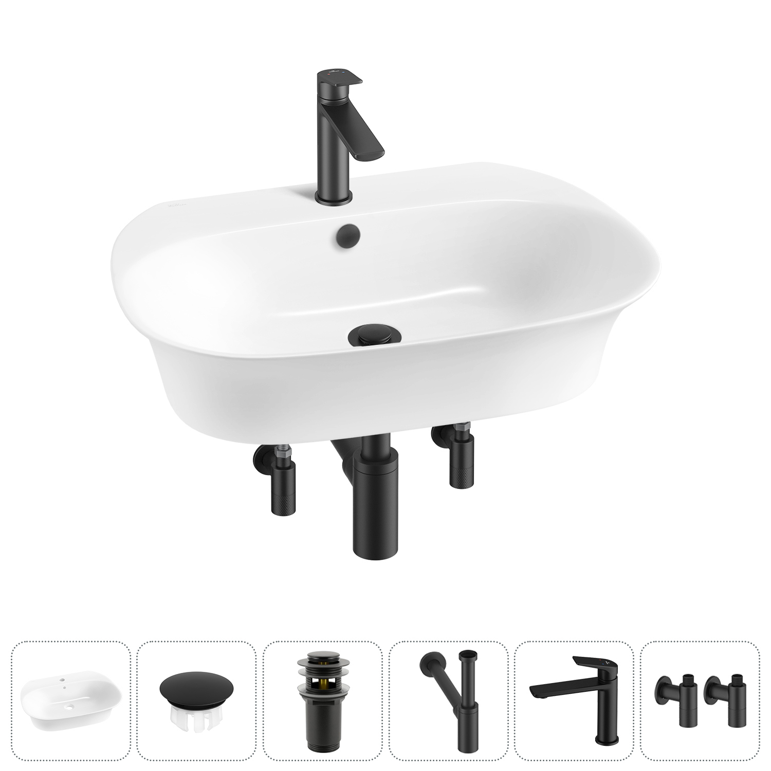 Изображение товара Раковина Wellsee excellence pro 20217179R 65см цвет раковина 6 в 1: заглушка на перелив, д/к, сифон, смеситель, вентили